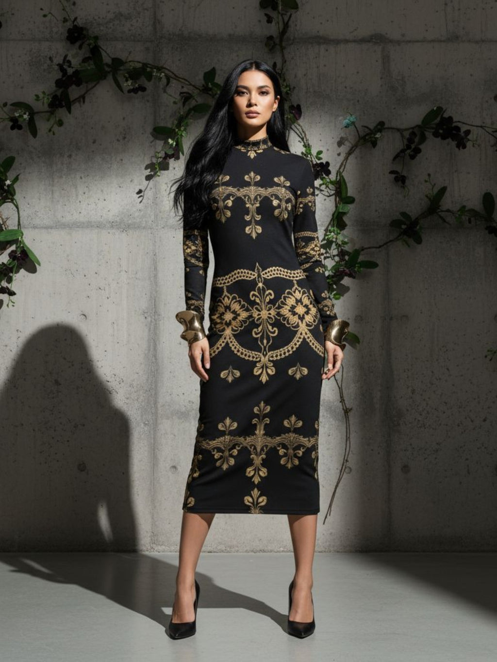 Angelic Blessings Shop black baroque lace high neck midi dress with gold intricate patterns