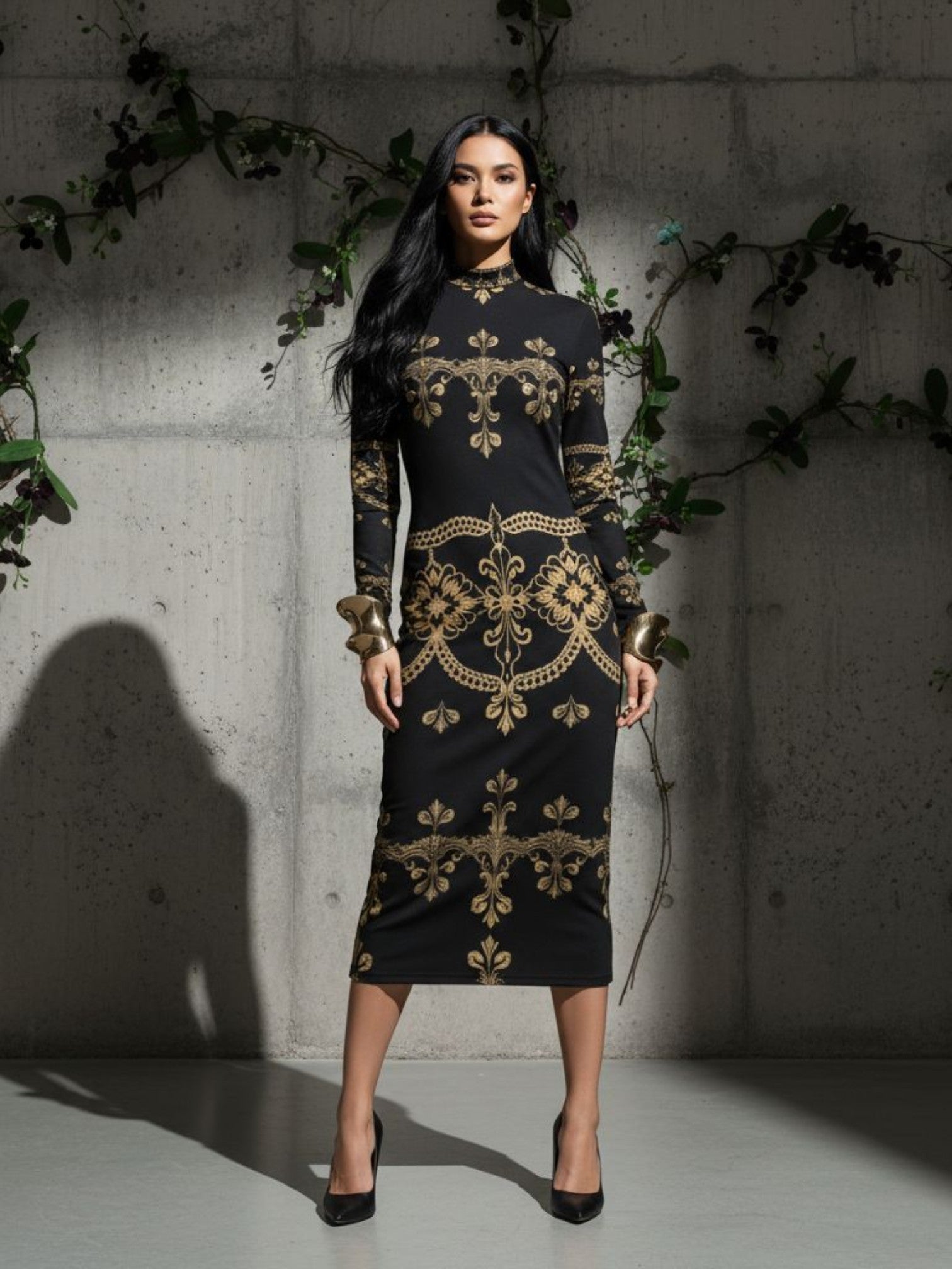 Angelic Blessings Shop black baroque lace high neck midi dress with gold intricate patterns