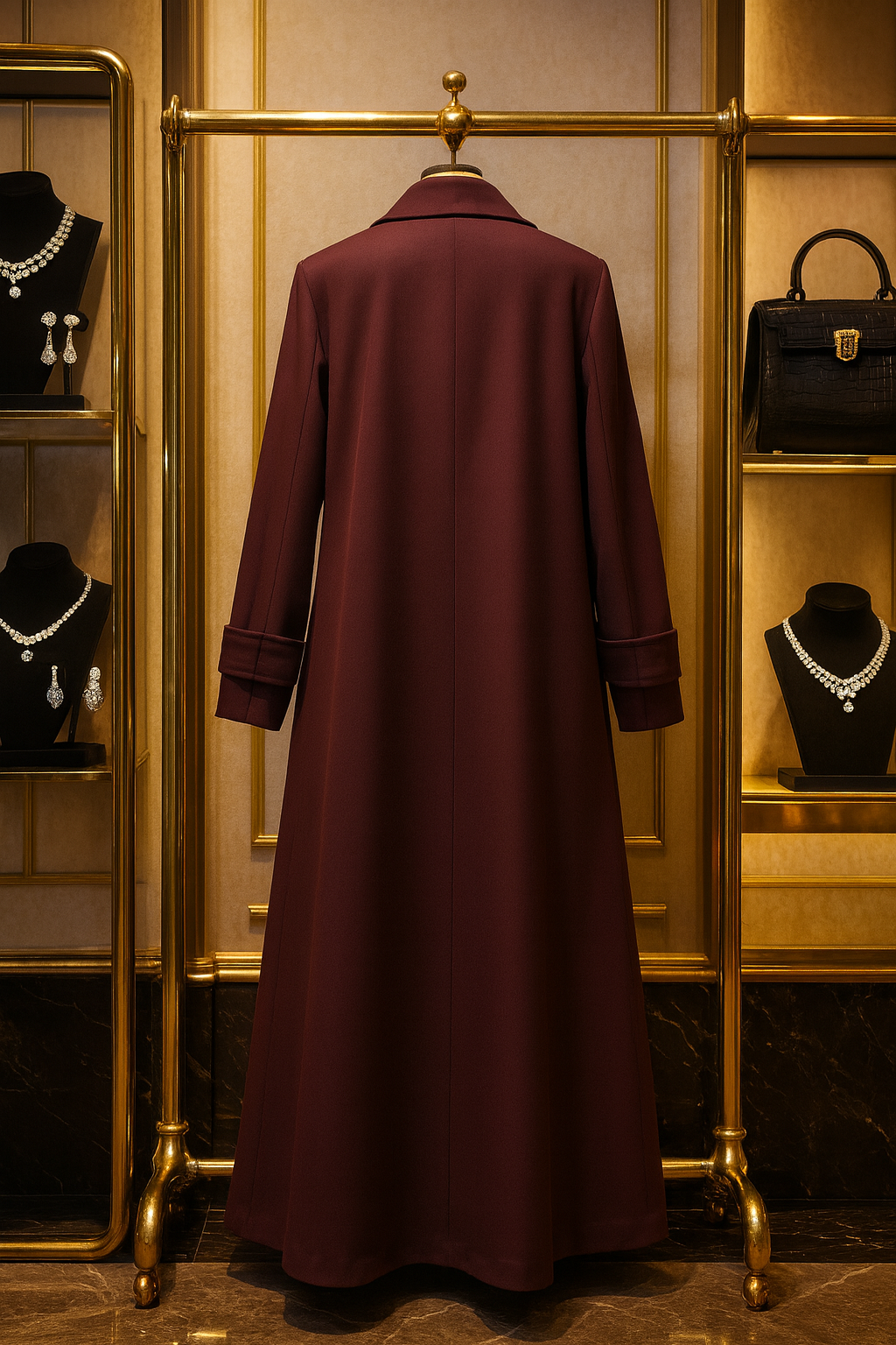 Luxury burgundy trench coat women displayed on a gold clothing rack in an elegant boutique setting
