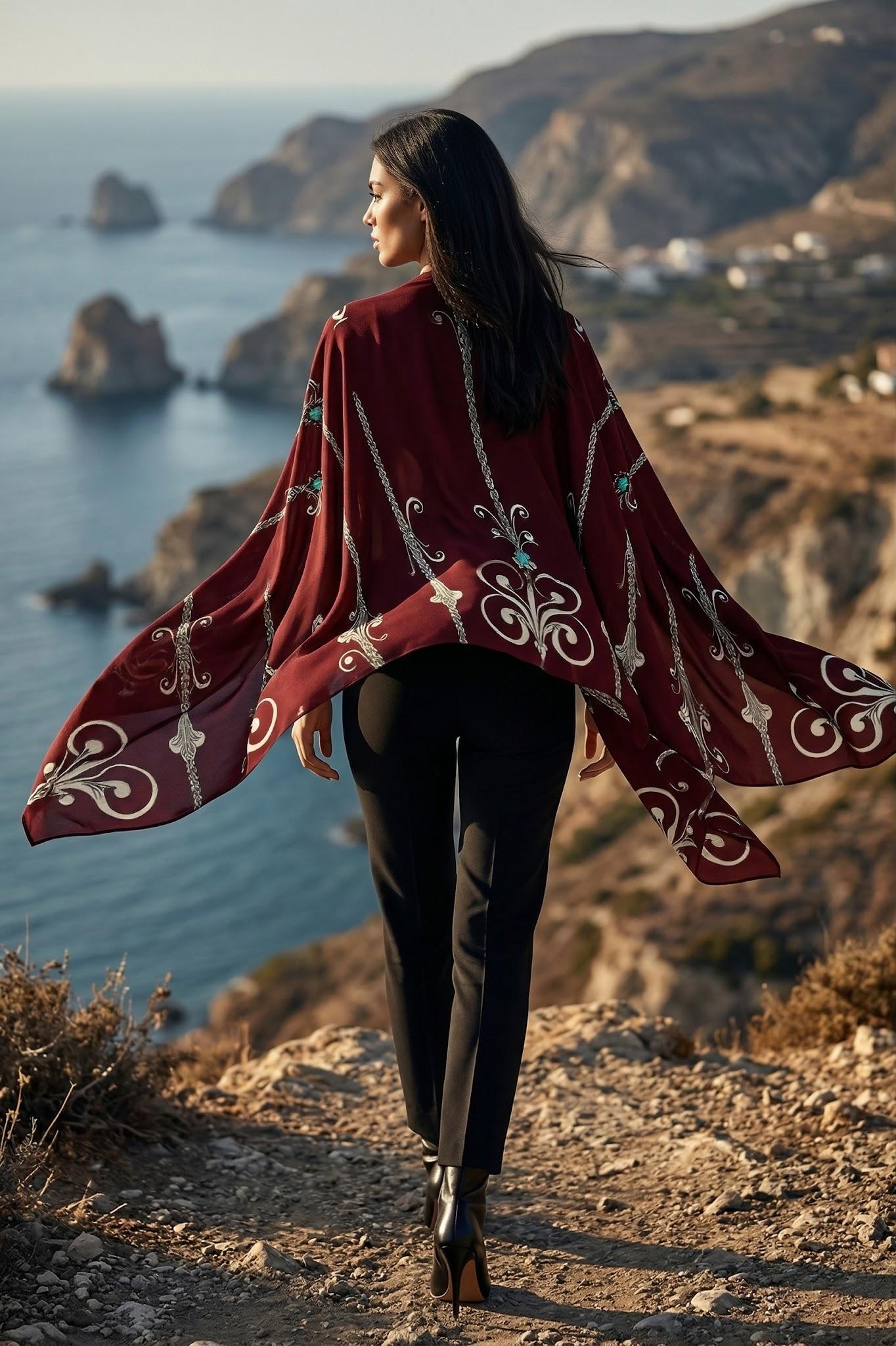 Baroque Burgundy Shawl Elegant Evening Outfit Stylish Flowing Cape