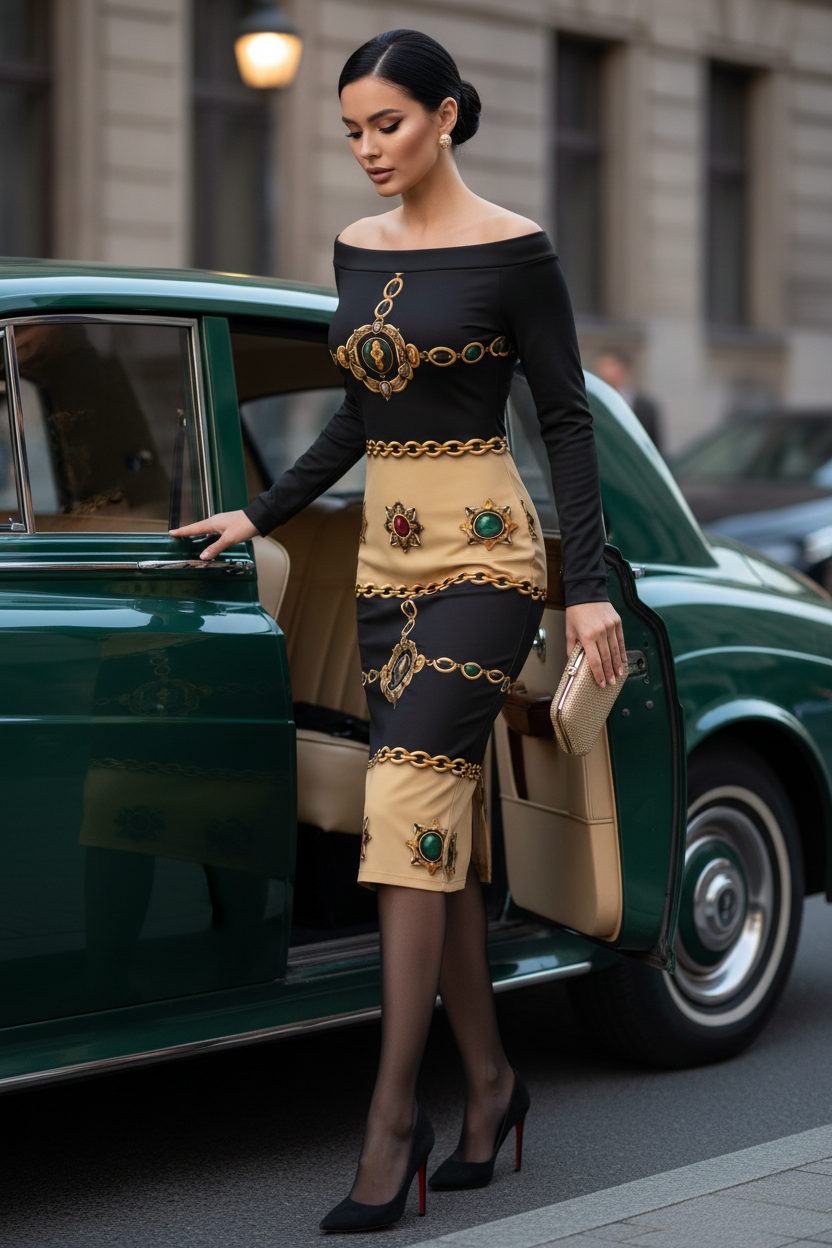 Baroque Bodycon Black and Gold Bodycon Dress Elegant Evening Outfit Stylish