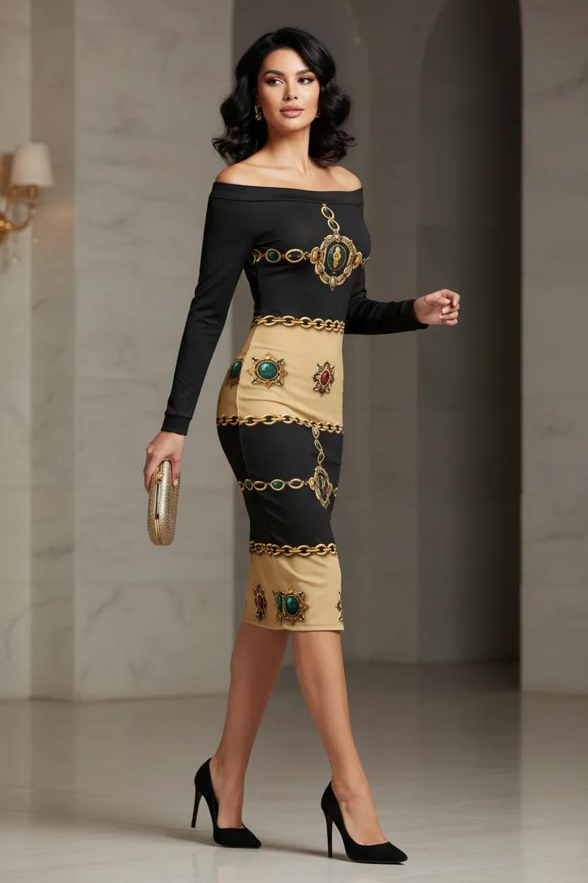 Baroque Bodycon Black and Gold Bodycon Dress Elegant Evening Outfit with Chains and Jewels