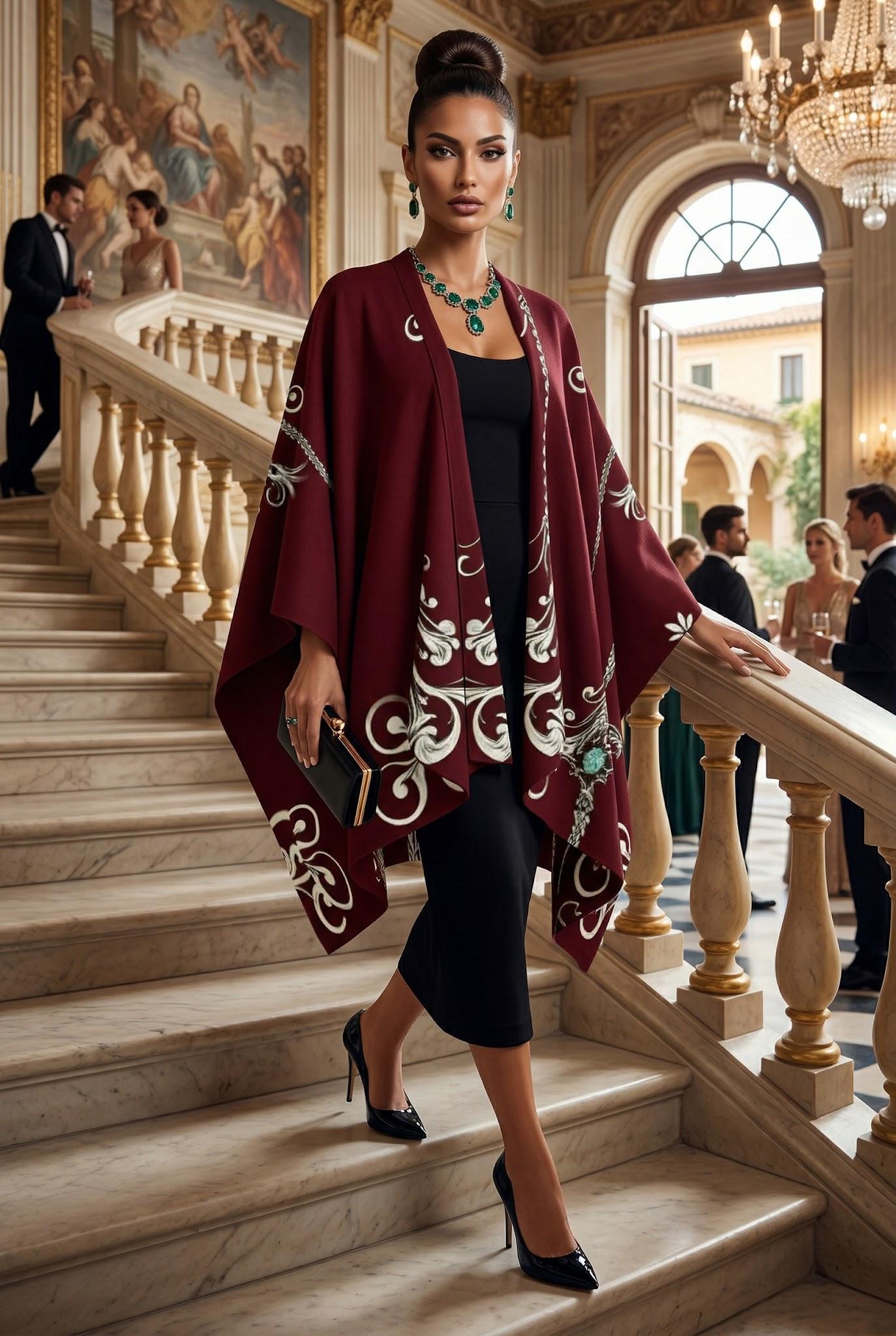 Barogue burgundy shawl elegant evening outfit luxury detailed design