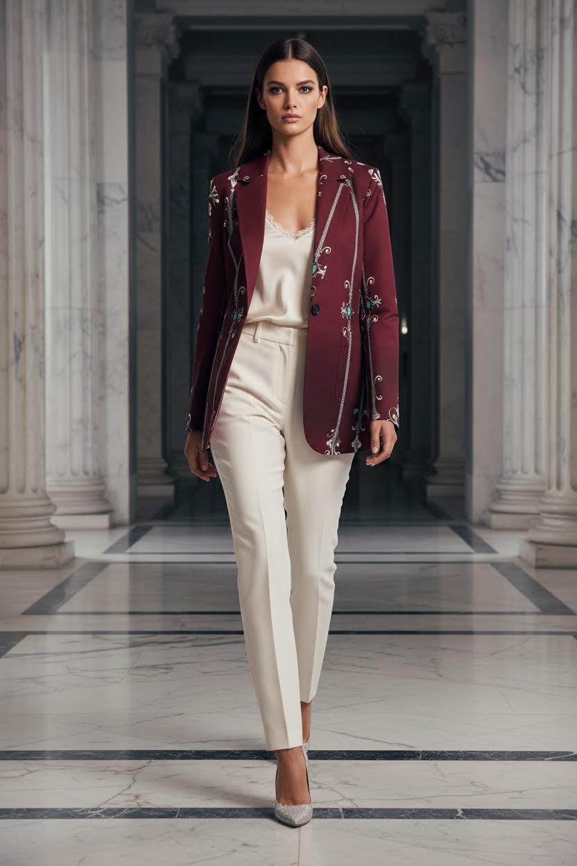 Women’s burgundy blazer with baroque-inspired detailing and structured silhouette