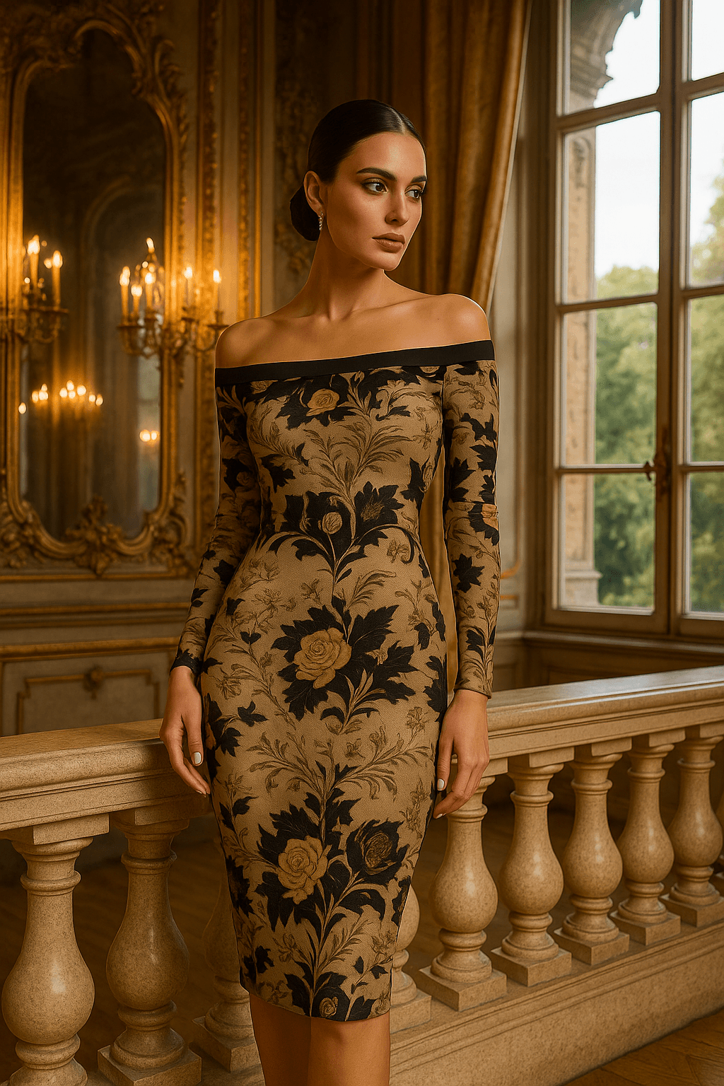 Elegant baroque floral midi dress by Angelic Blessings Shop worn in luxury evening setting
