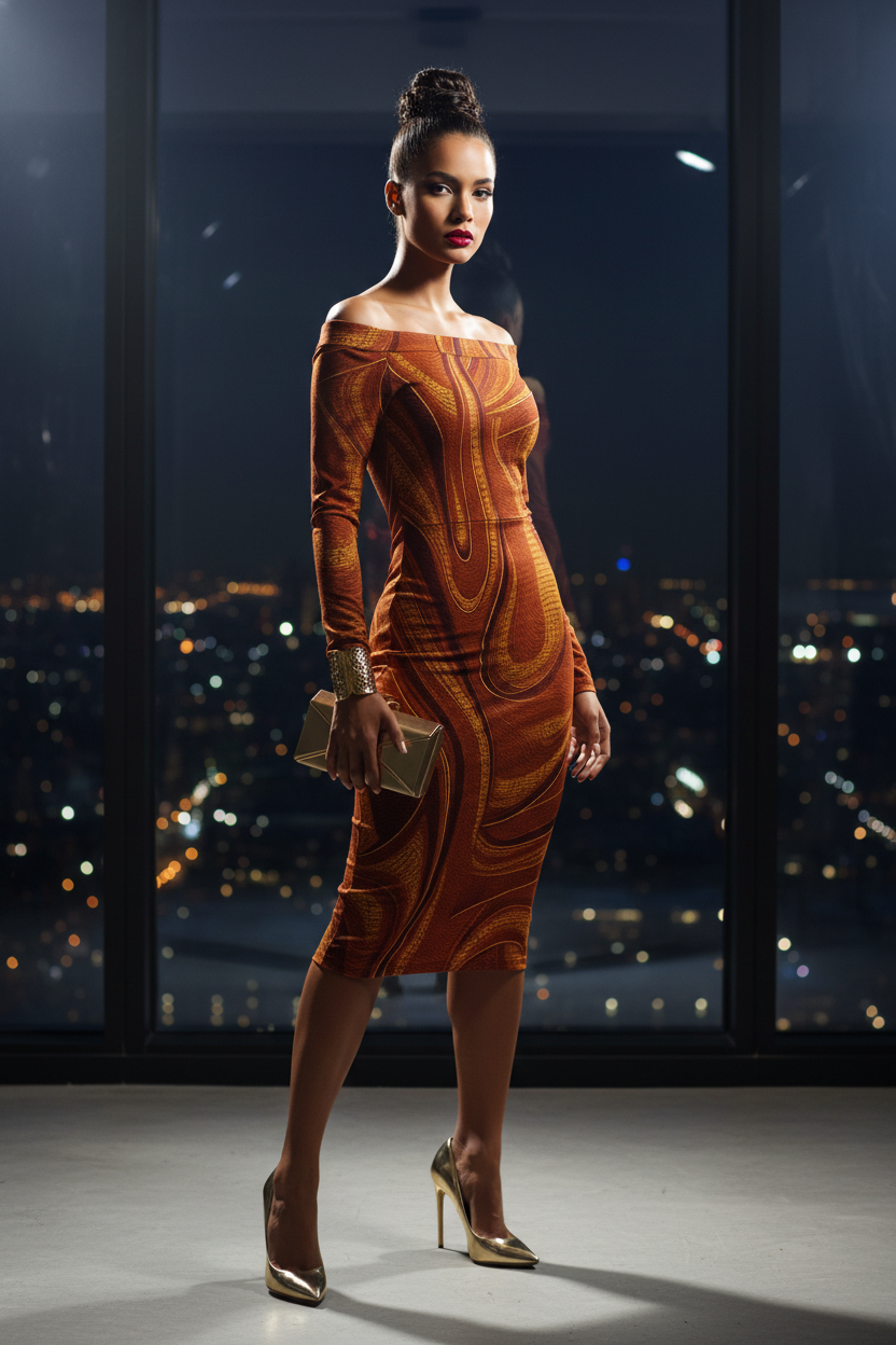 Baroque inspired brown gold evening dress women off shoulder fitted midi silhouette