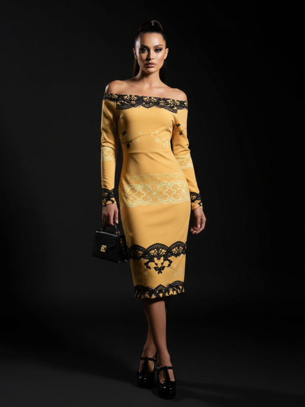 Baroque inspired cocktail dress for women in mustard yellow with black lace details by Angelic Blessings Shop