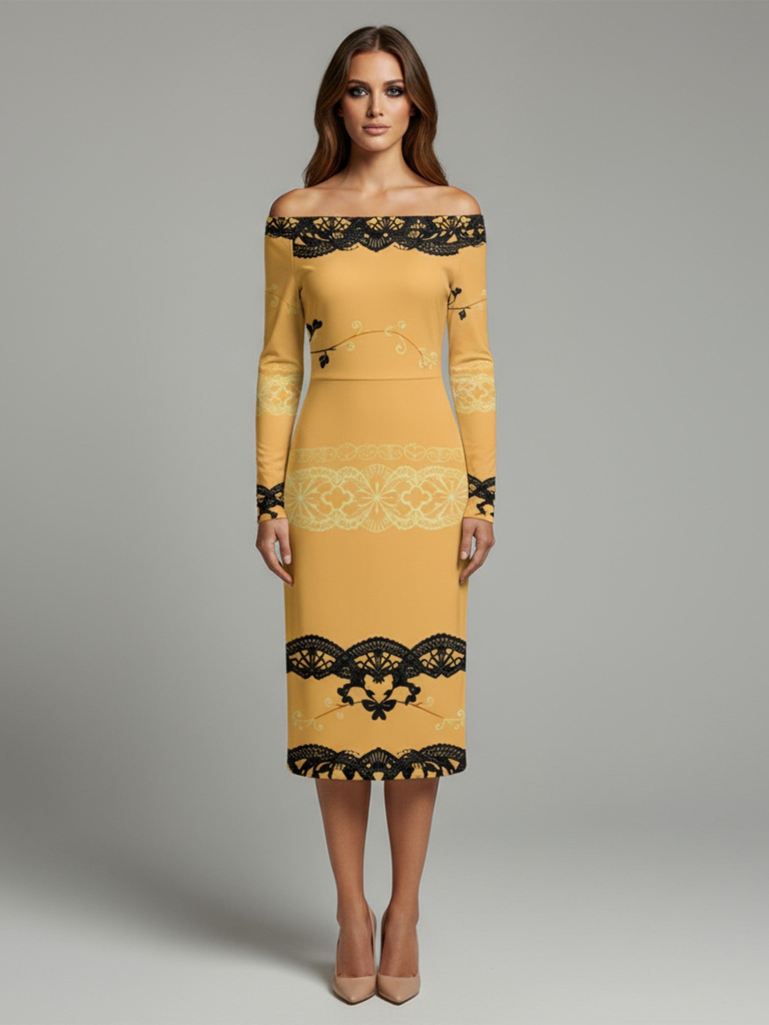 Baroque inspired cocktail dress for women by Angelic Blessings Shop in mustard with black lace details