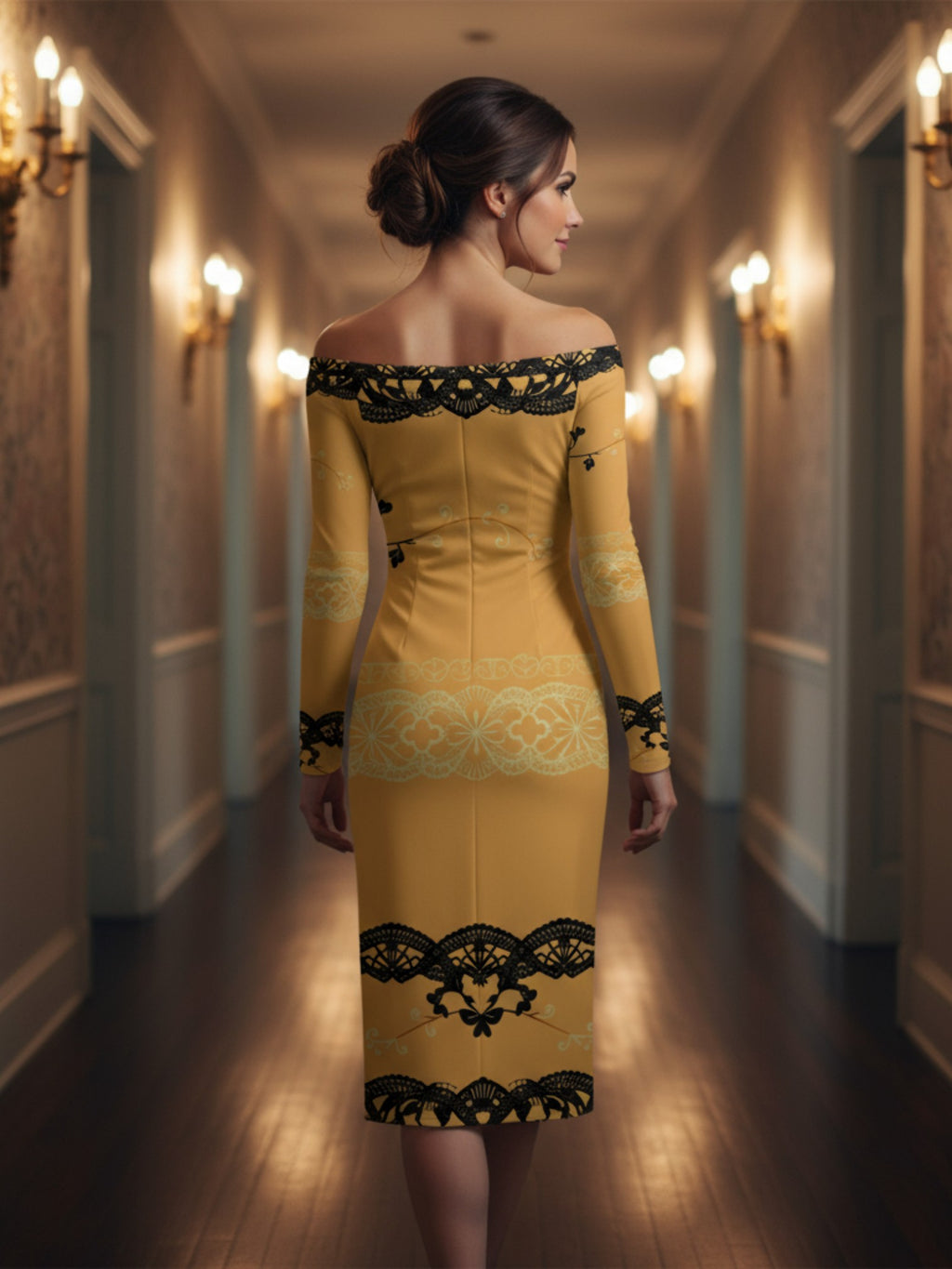 Back view of a baroque inspired cocktail dress for women in yellow with black lace details by Angelic Blessings Shop