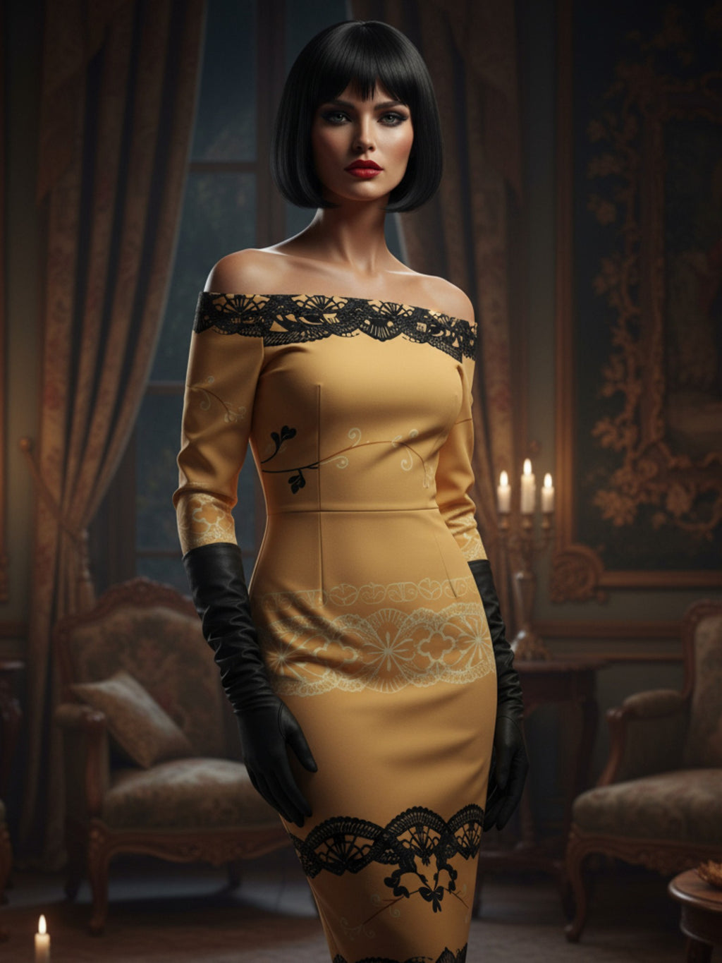 Baroque inspired cocktail dress for women by Angelic Blessings Shop featuring off-shoulder design and black lace details