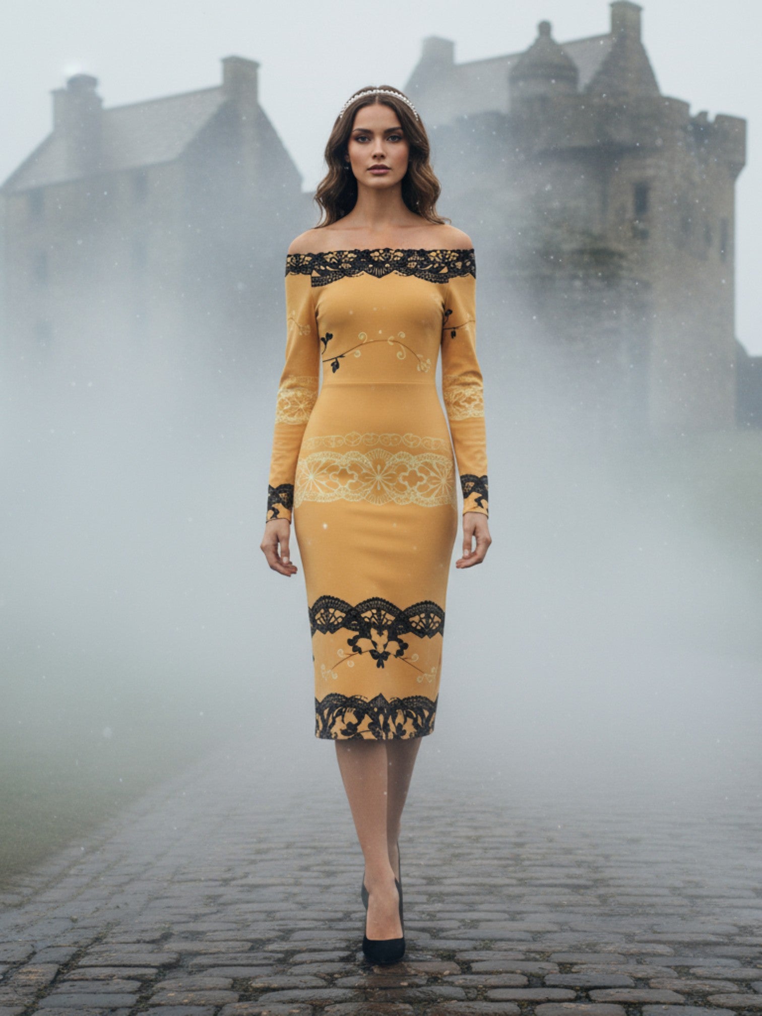 Woman wearing a baroque inspired cocktail dress for women in yellow with black lace details