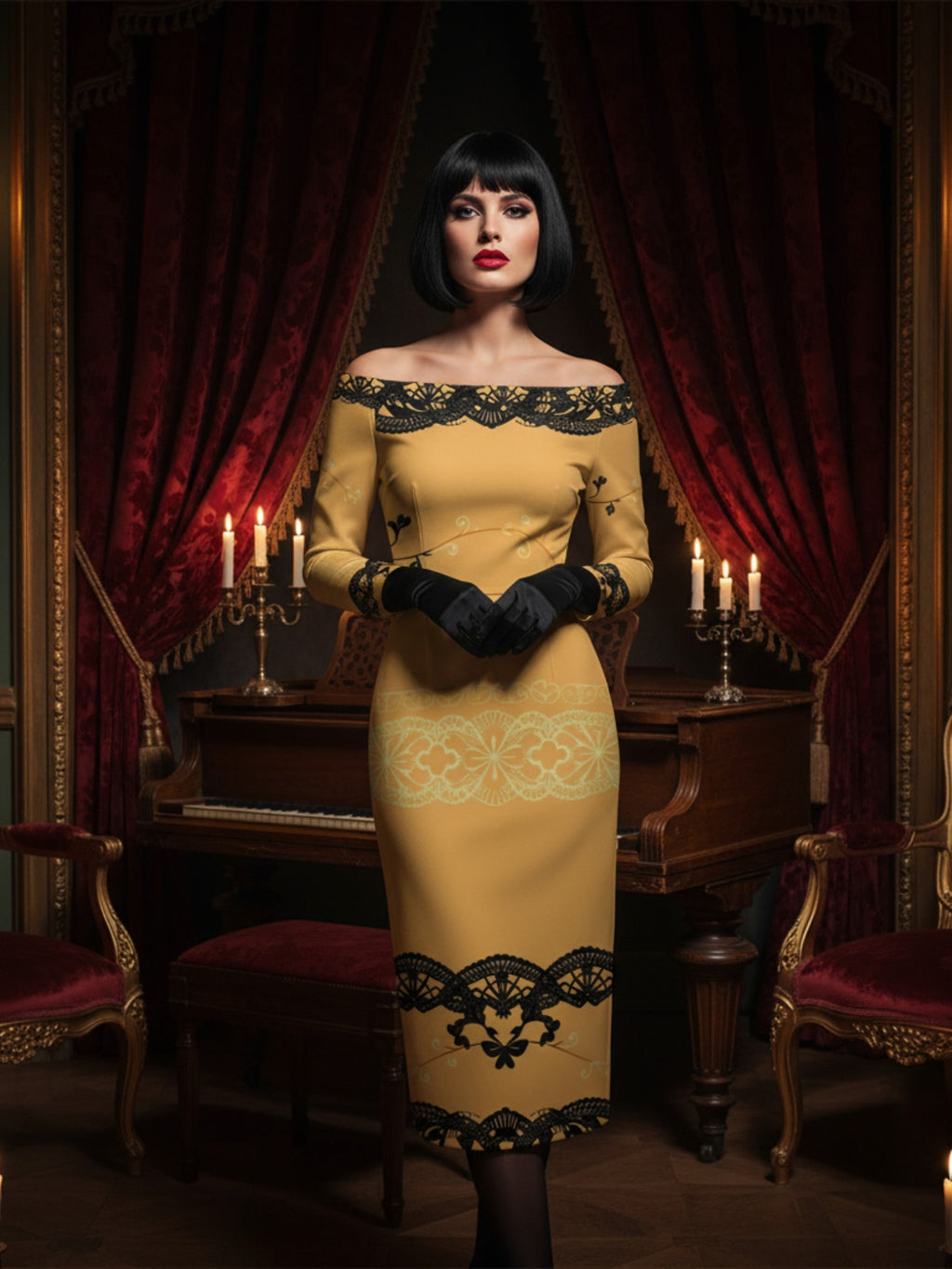 Woman wearing a baroque inspired cocktail dress for women in elegant mustard with black lace details