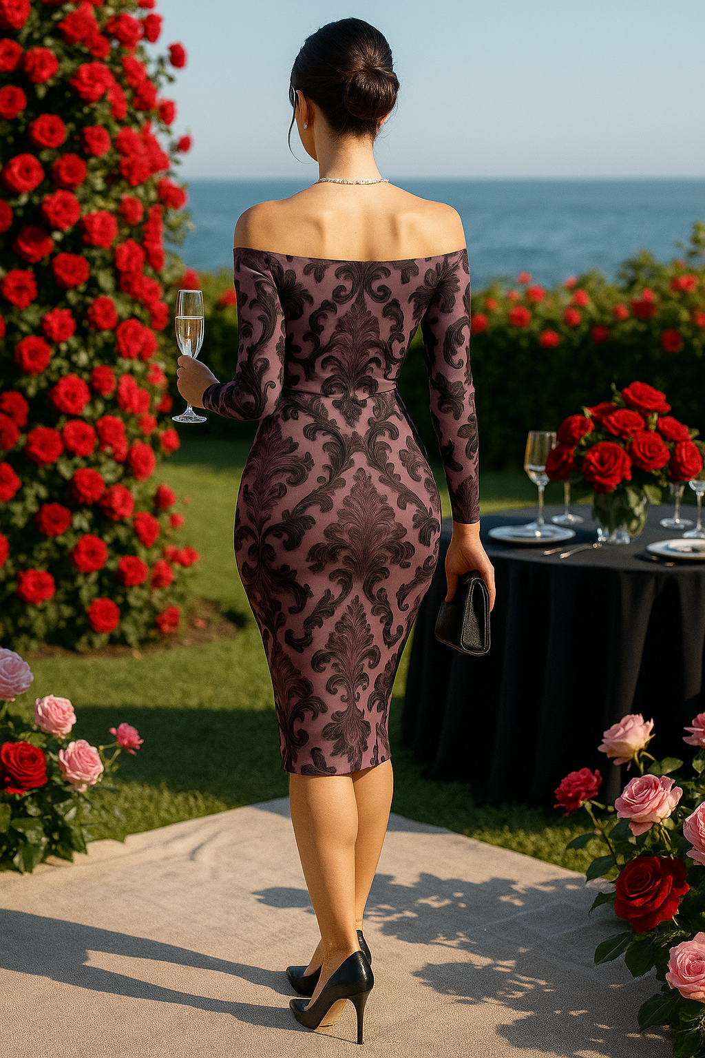 Woman wearing baroque inspired midi cocktail dress holding a glass of champagne at an outdoor event