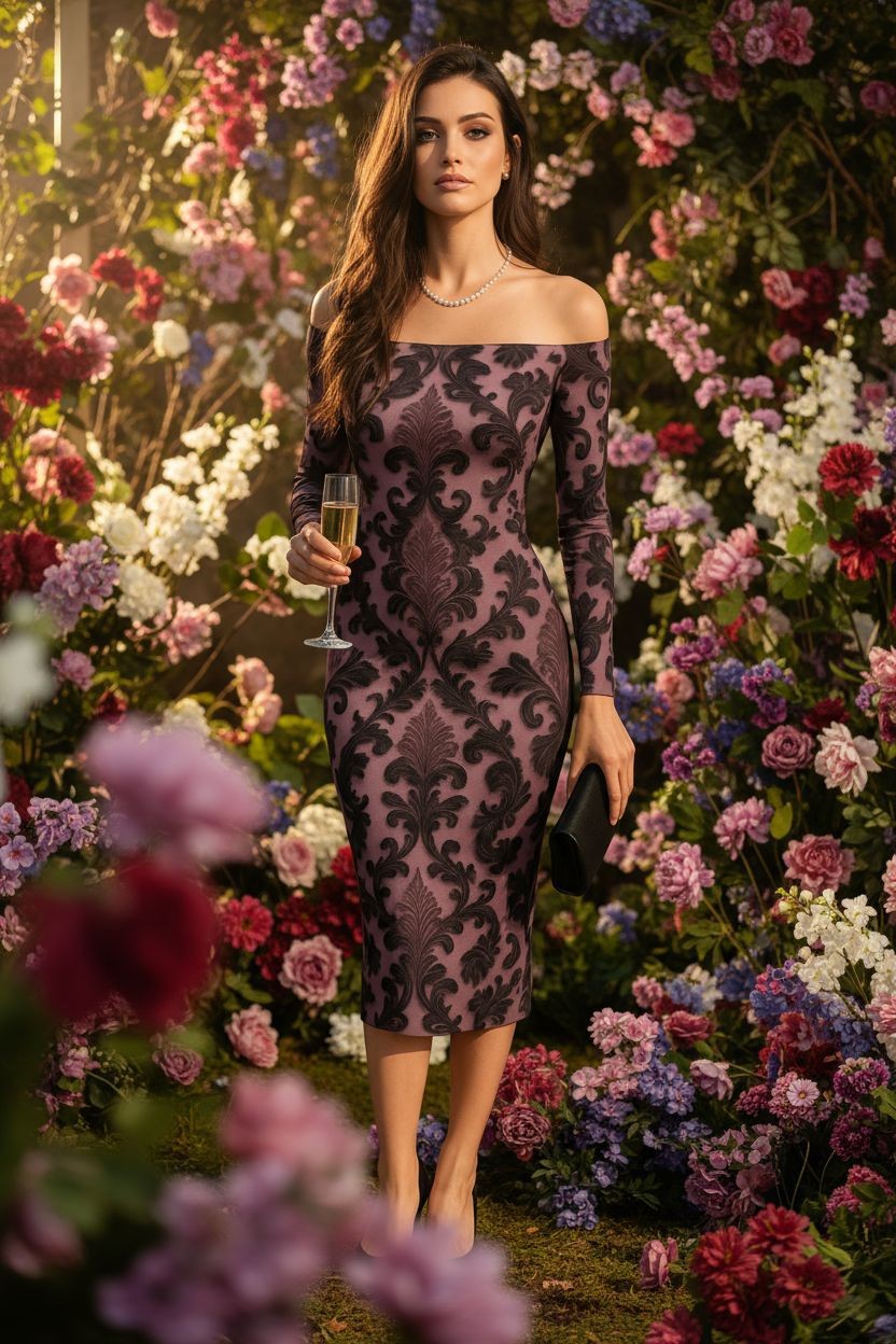 Elegant baroque inspired midi cocktail dress in purple and black worn by woman holding a glass of champagne