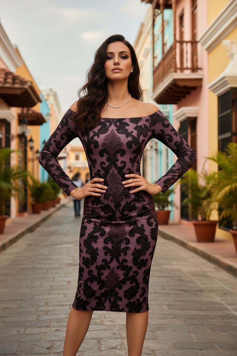 Baroque inspired midi cocktail dress by Angelic Blessings Shop worn by woman on city street