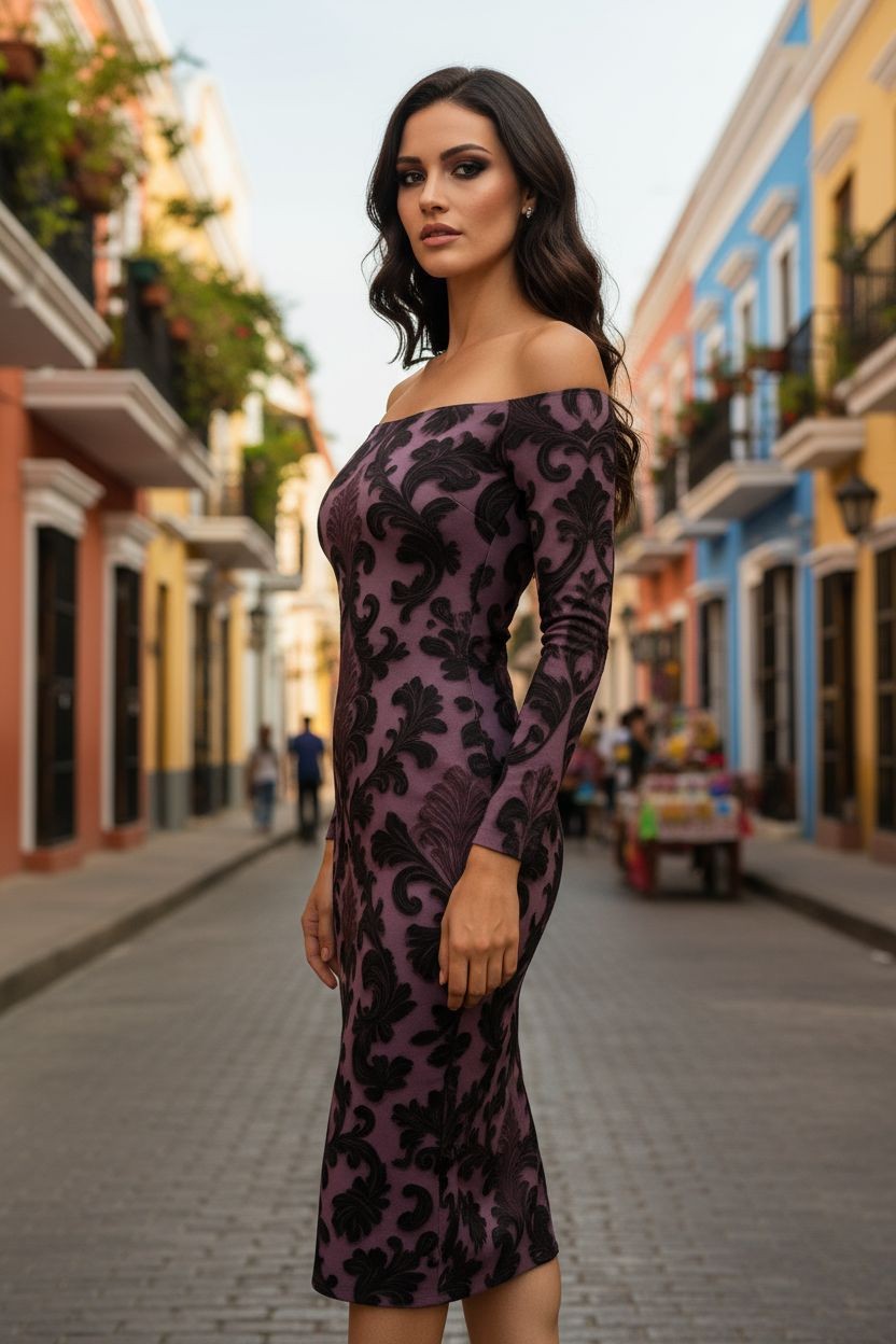 Woman wearing a baroque inspired midi cocktail dress from Angelic Blessings Shop on a city street