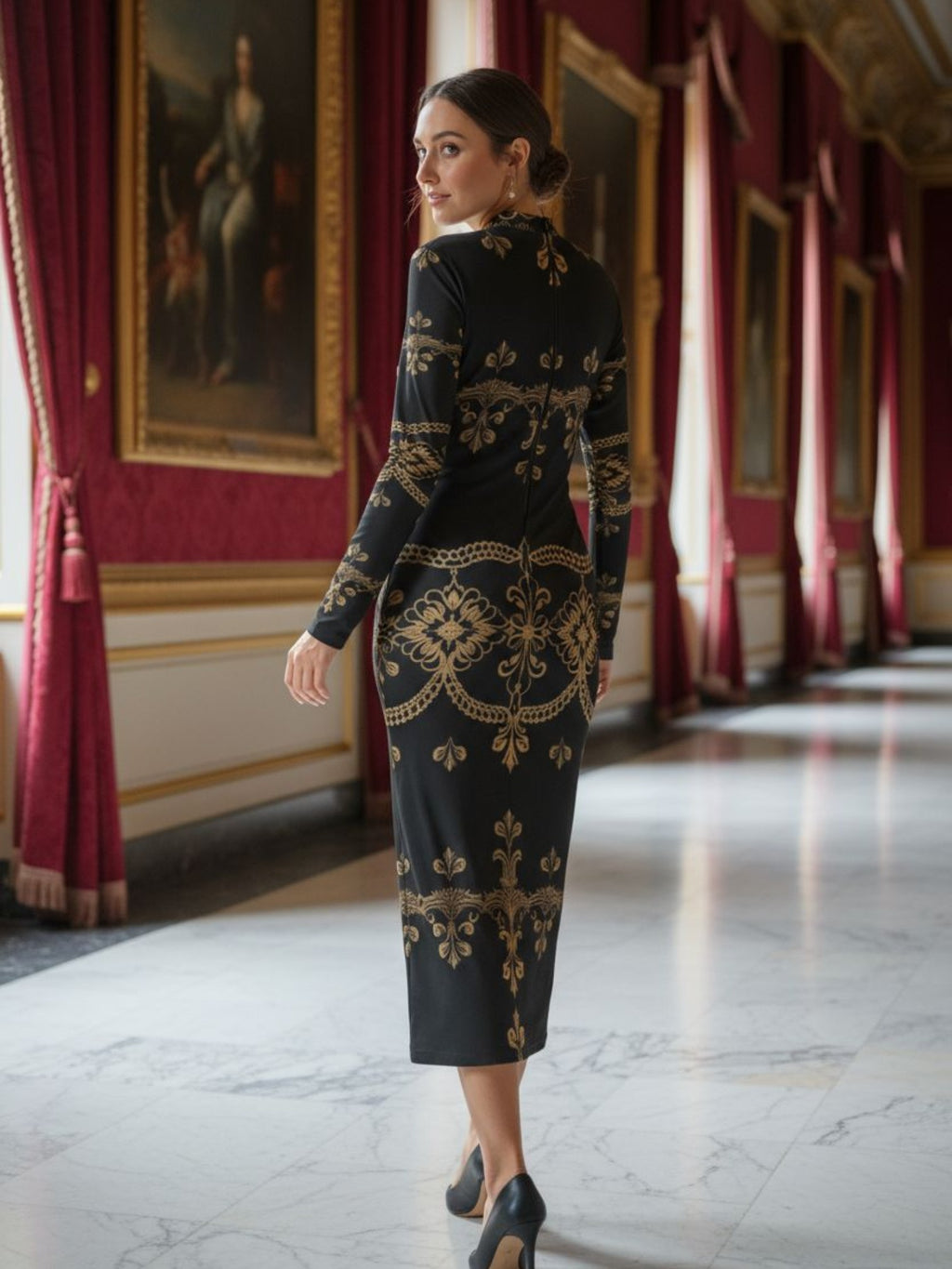 Aurum Veil – Baroque Lace High Neck Midi Dress | Elegant Two-Way Zipper Design | S–2XL - Angelic Blessings