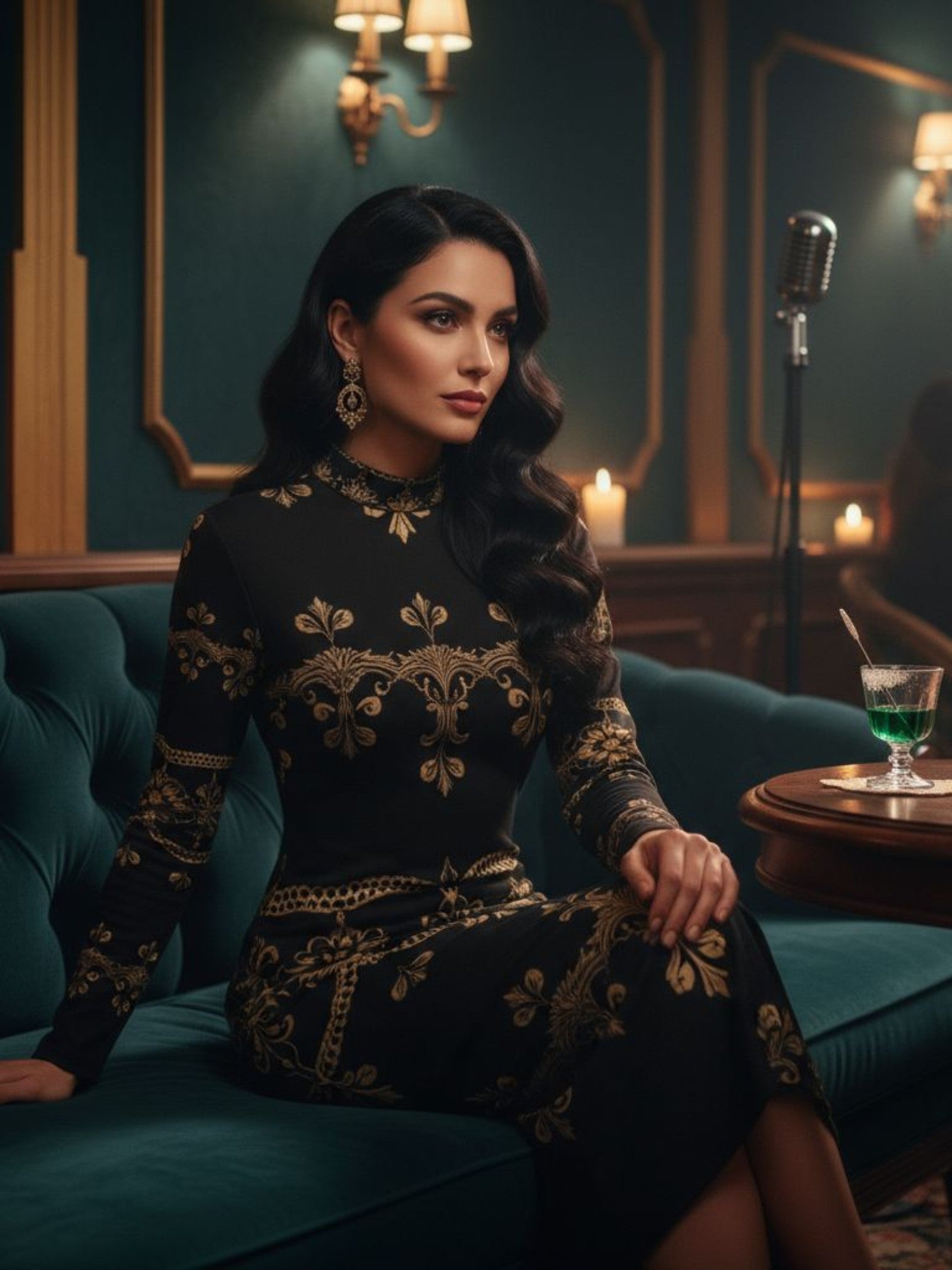 Woman wearing a baroque lace high neck midi dress with gold patterns sitting on a teal sofa