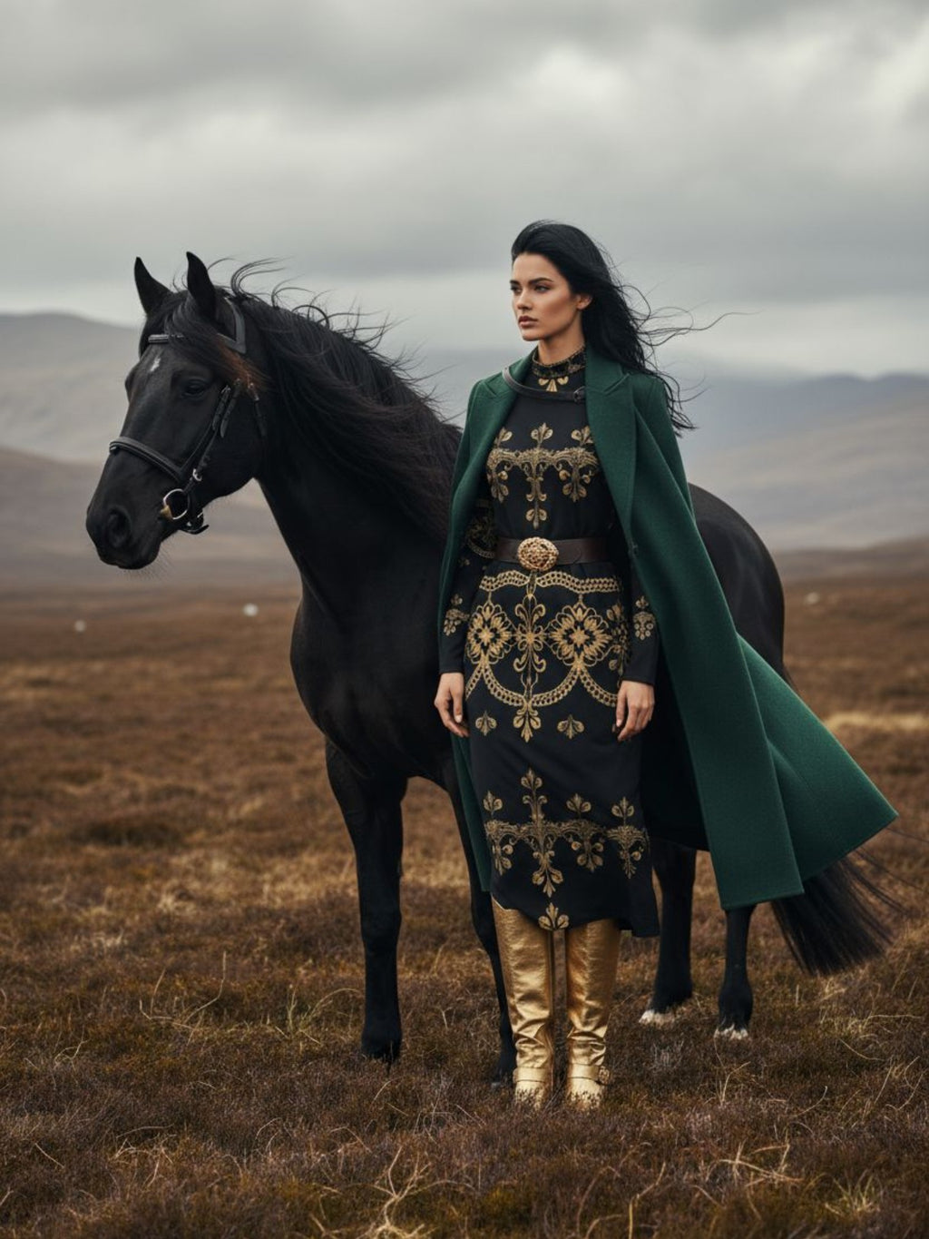 Woman wearing a baroque lace high neck midi dress with gold embroidery standing next to a black horse outdoors