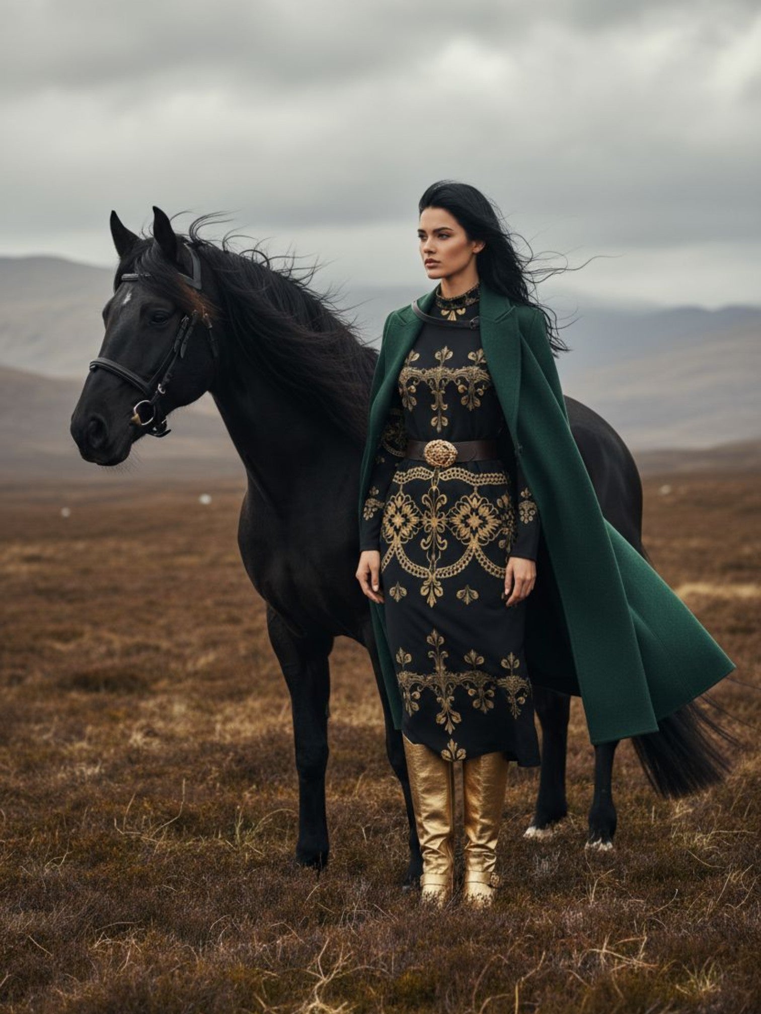 Woman wearing a baroque lace high neck midi dress with gold embroidery standing next to a black horse outdoors