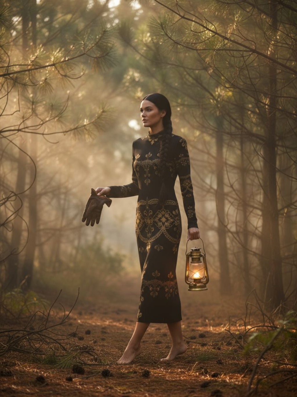 Woman wearing baroque lace high neck midi dress holding lantern in a forest setting