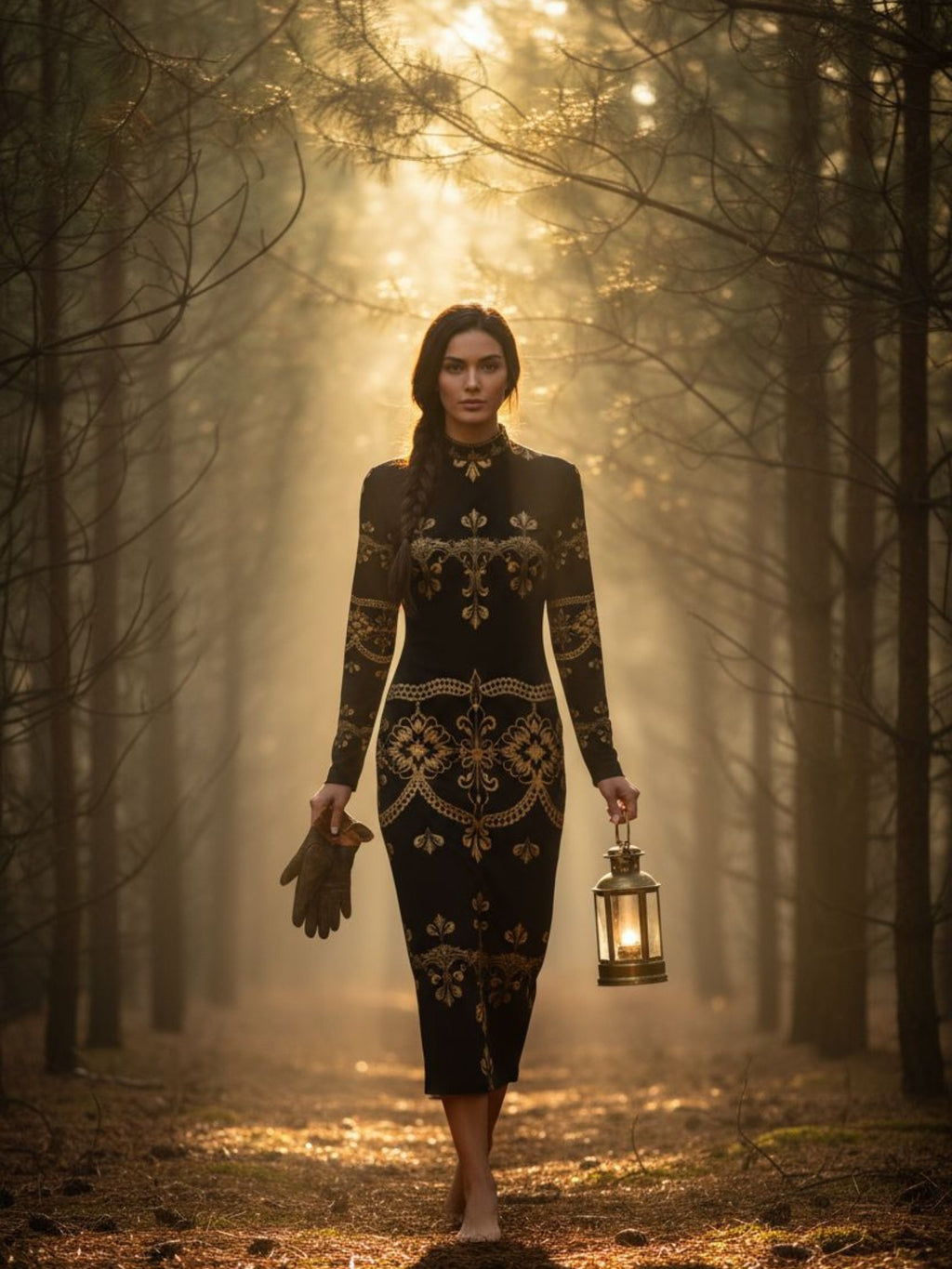 Woman wearing baroque lace high neck midi dress holding lantern and gloves walking in forest