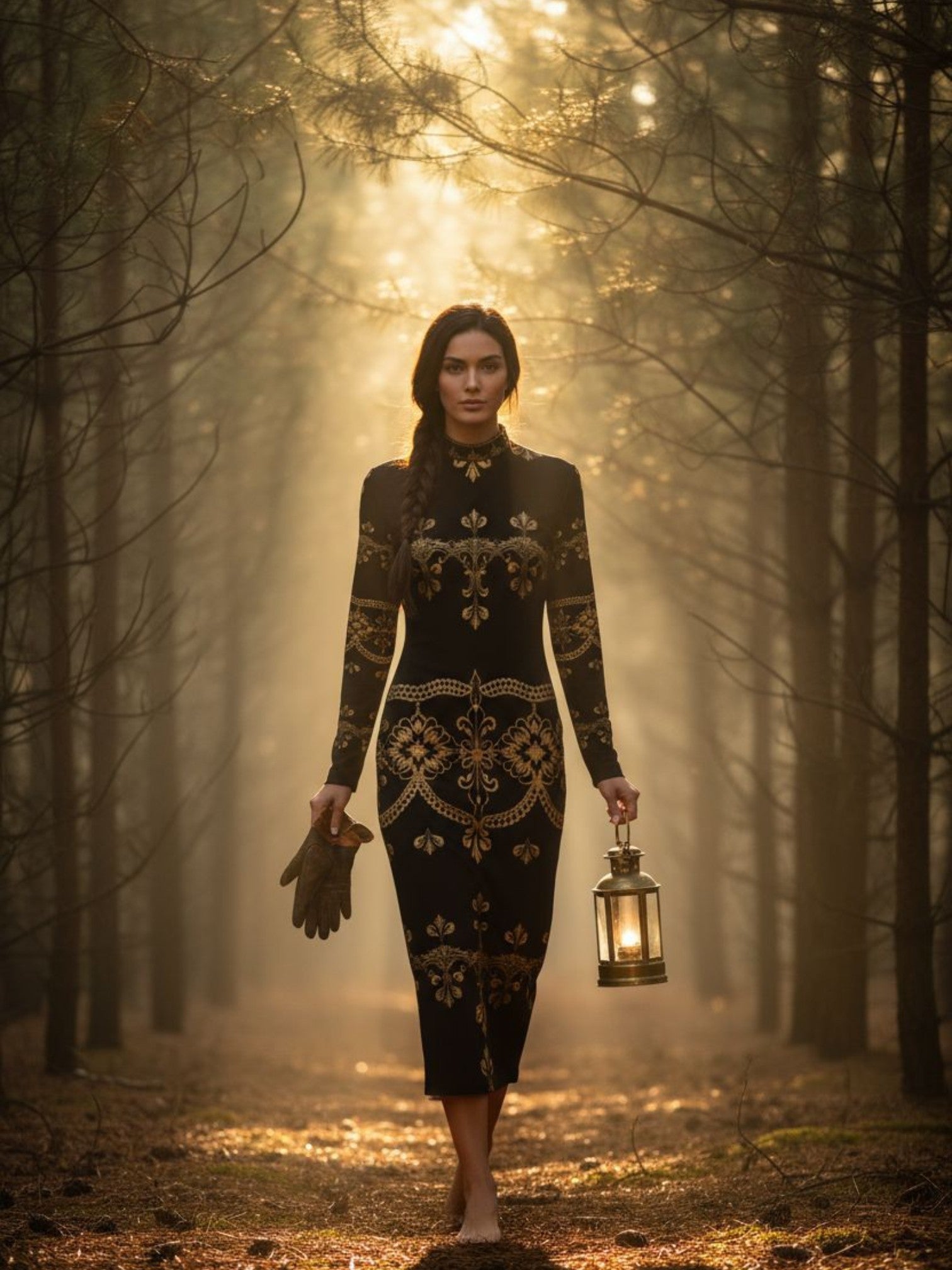 Woman wearing baroque lace high neck midi dress holding lantern and gloves walking in forest