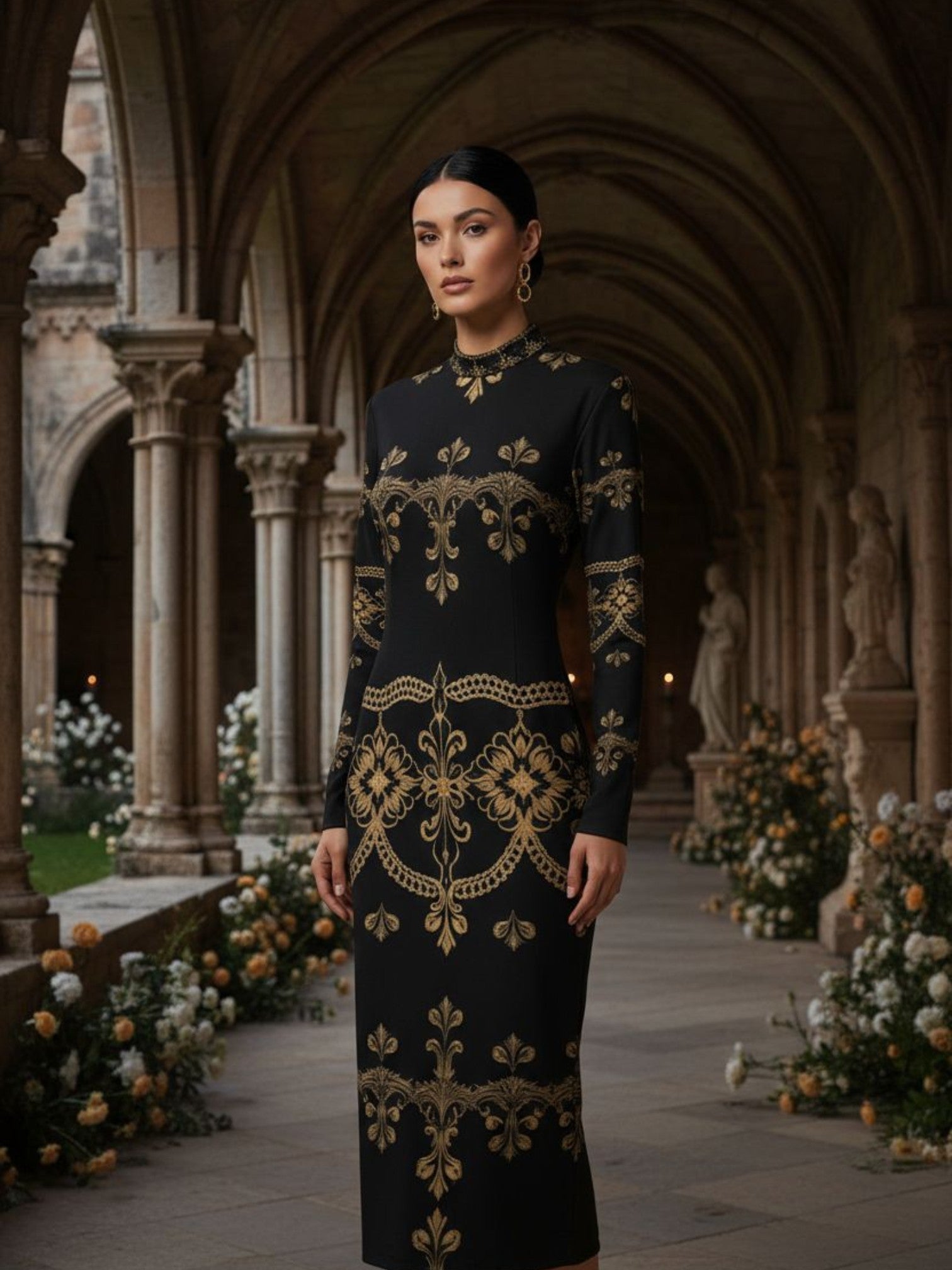 Angelic Blessings Shop baroque lace high neck midi dress in black with gold floral embroidery