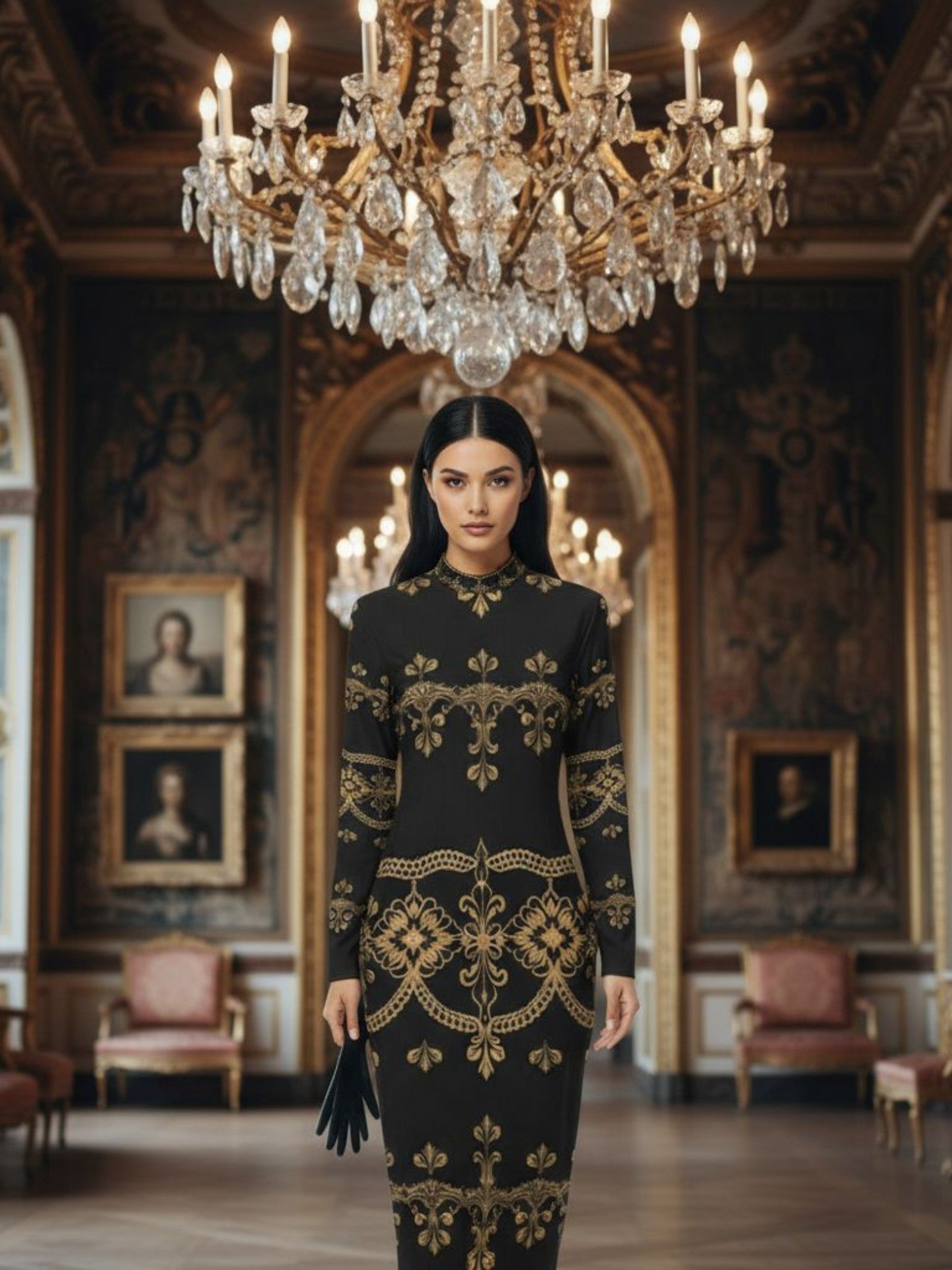 Angelic Blessings Shop baroque lace high neck midi dress in black with gold ornate patterns worn in elegant room
