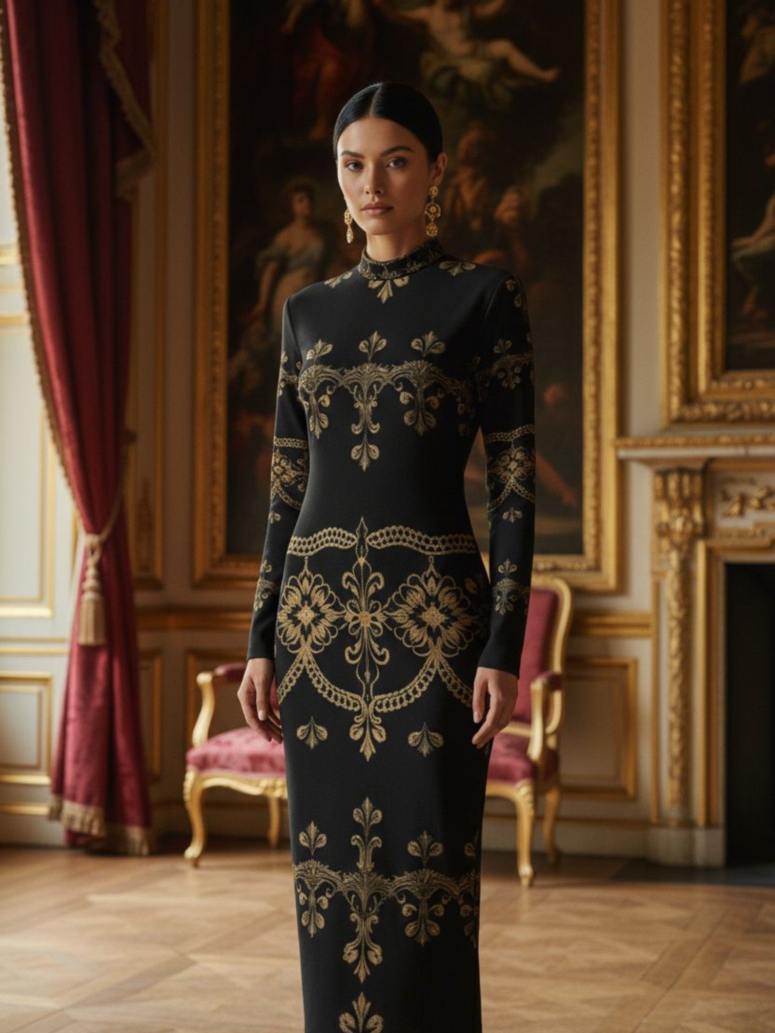 Angelic Blessings Shop baroque lace high neck midi dress in black with gold ornate patterns and long sleeves