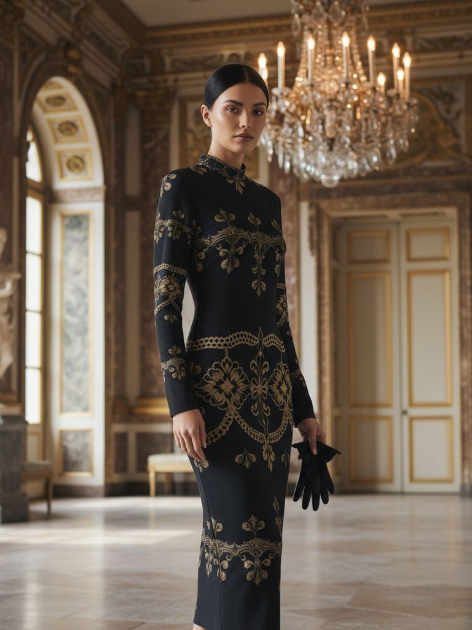 Angelic Blessings Shop baroque lace high neck midi dress in black with gold detailed pattern