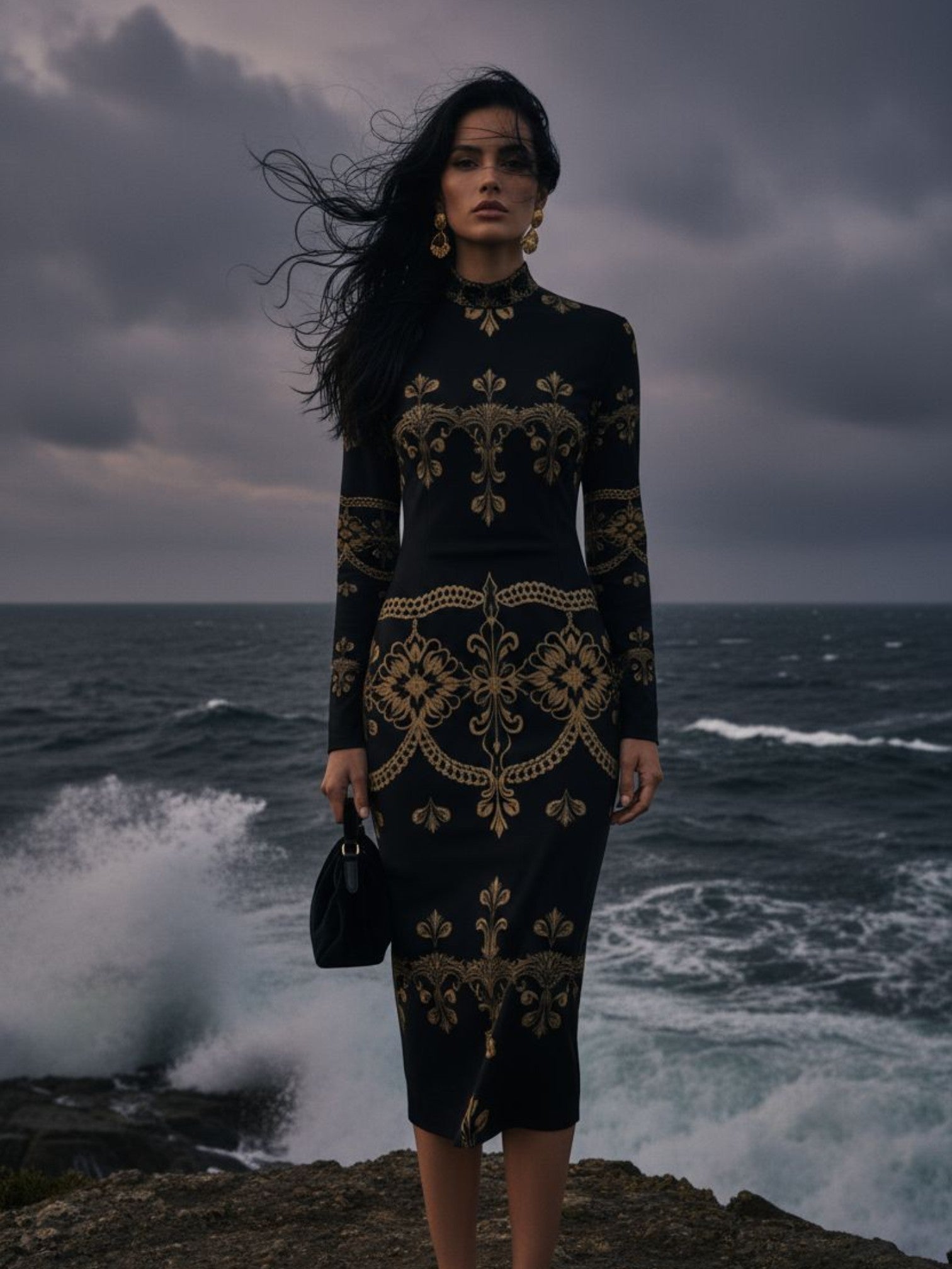 Black baroque lace high neck midi dress with gold ornate patterns worn by woman near ocean waves