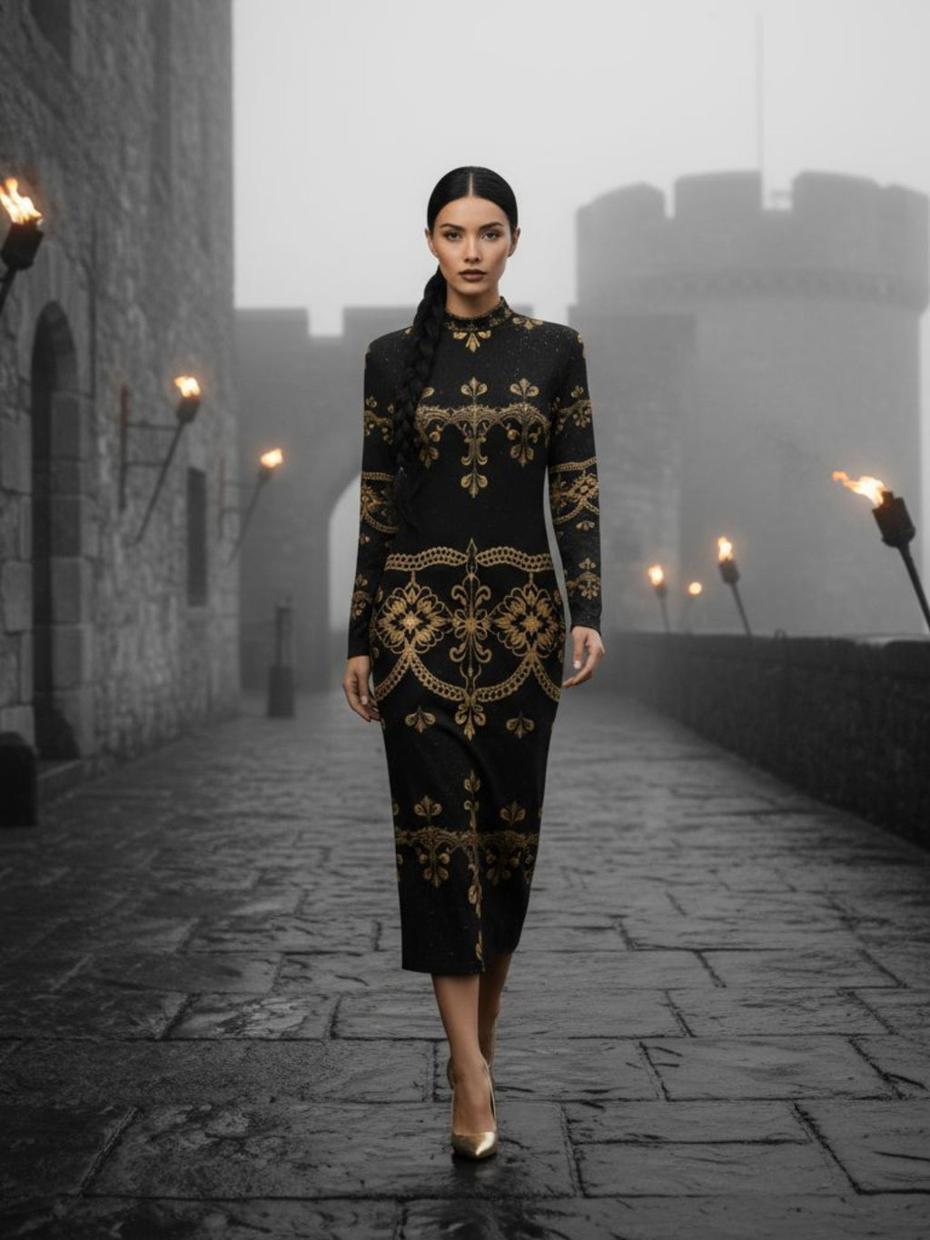 Angelic Blessings Shop baroque lace high neck midi dress in black with gold ornate patterns worn outdoors