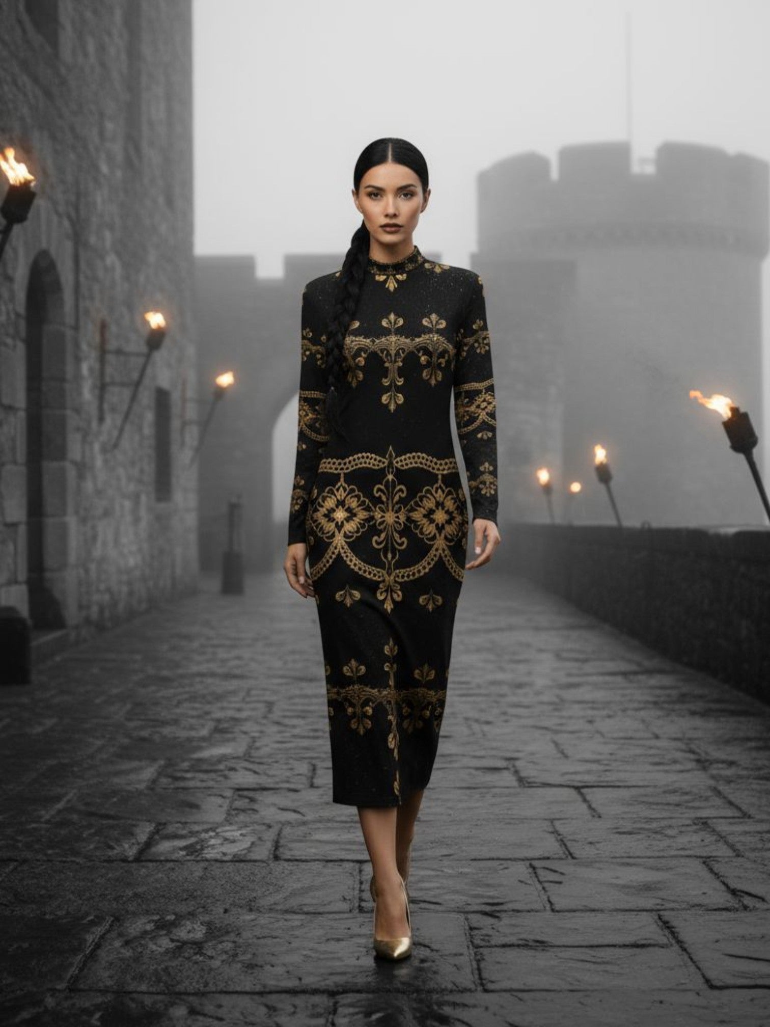 Angelic Blessings Shop baroque lace high neck midi dress in black with gold ornate patterns worn outdoors