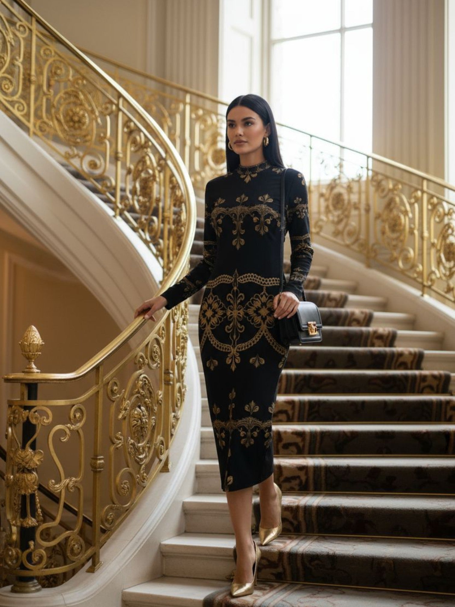 Elegant baroque lace high neck midi dress with gold details worn by woman on grand staircase