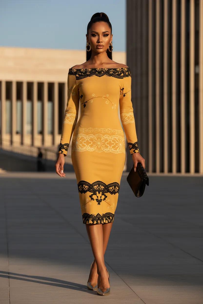 Baroque lace midi dress in crème and black with sculpted feminine silhouette