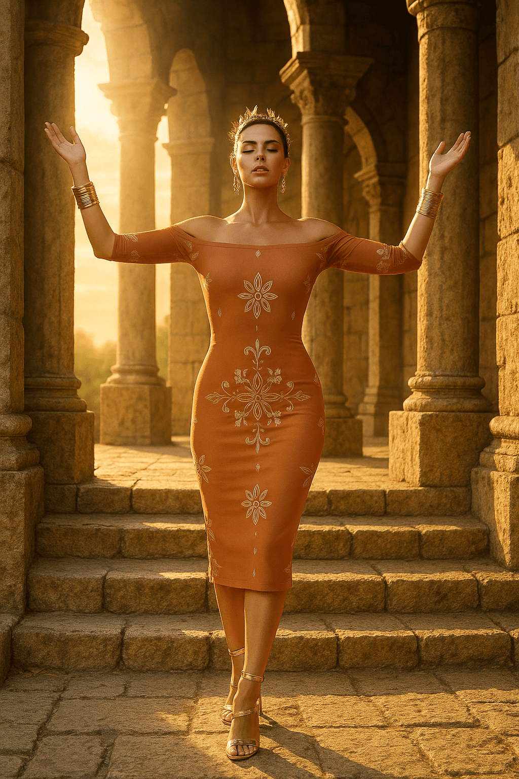 Angelic Blessings Shop baroque off shoulder midi dress in rich orange with intricate floral embroidery