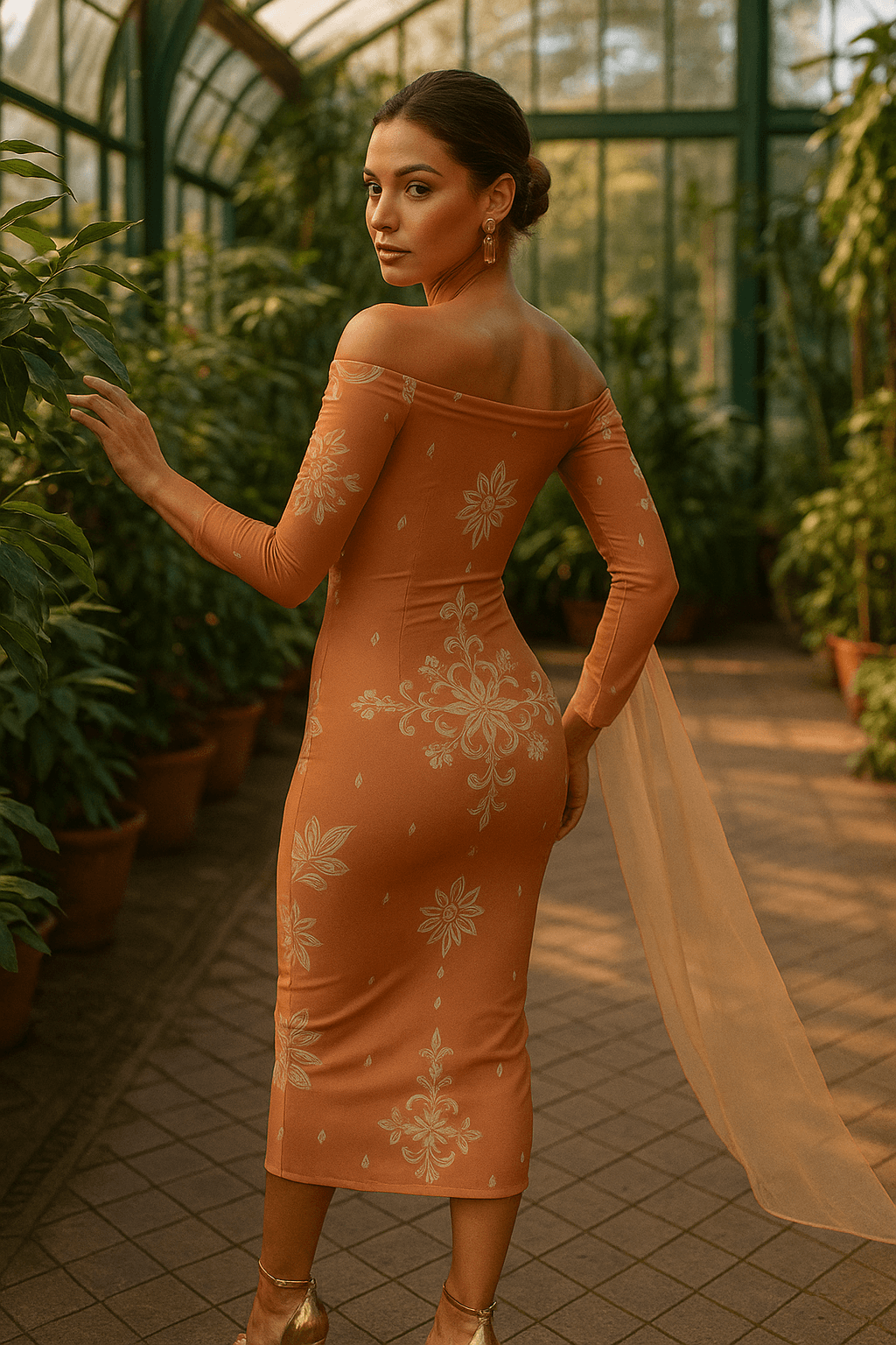 Angelic Blessings Shop baroque off shoulder midi dress in warm tones with floral patterns and sheer cape detail