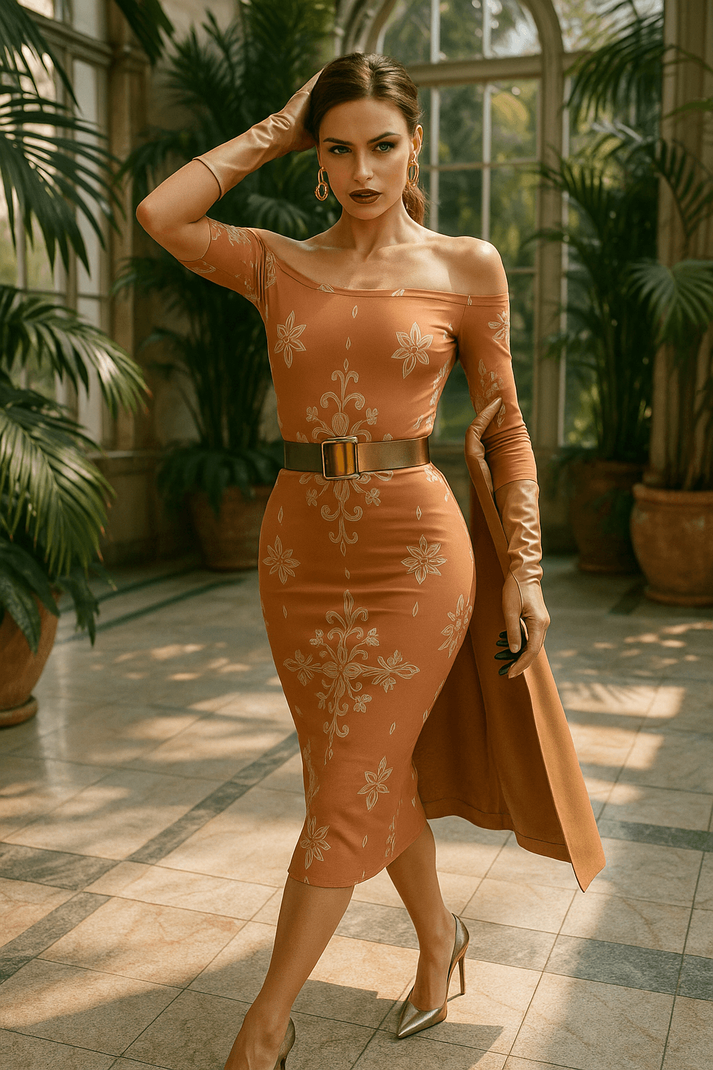 Elegant baroque off shoulder midi dress in warm tones with floral patterns from Angelic Blessings Shop