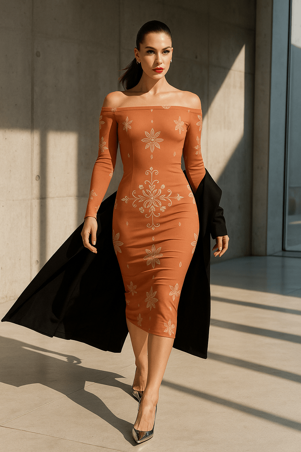 Baroque off shoulder midi dress in rust with intricate floral patterns from Angelic Blessings Shop
