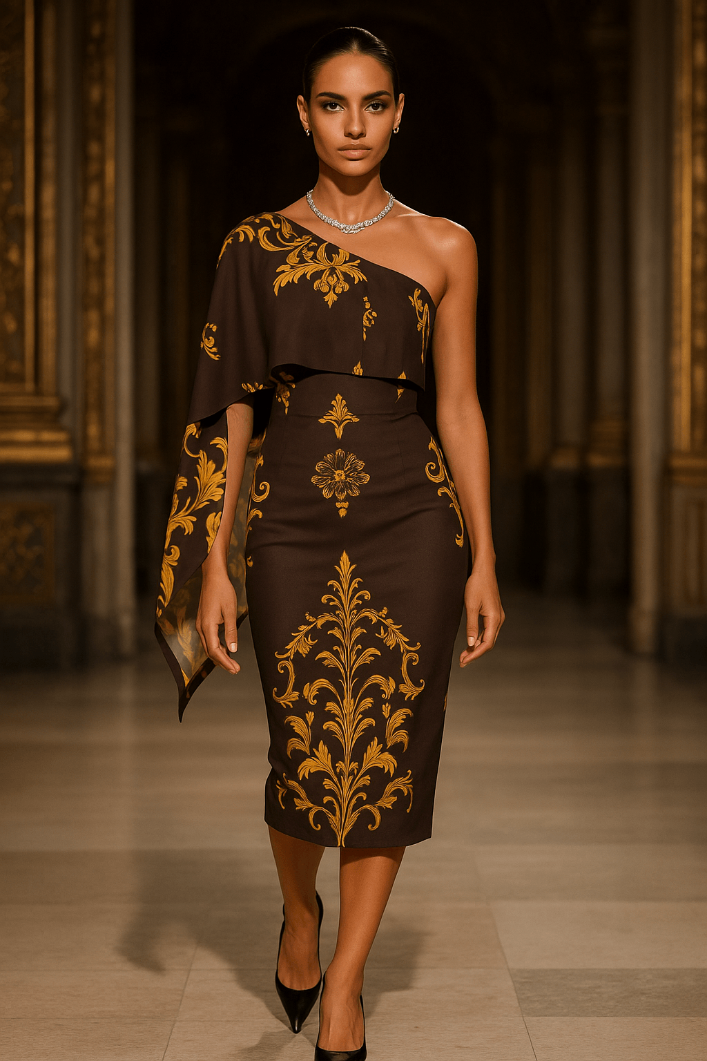 Model wearing baroque one shoulder midi dress with golden floral patterns from Angelic Blessings Shop