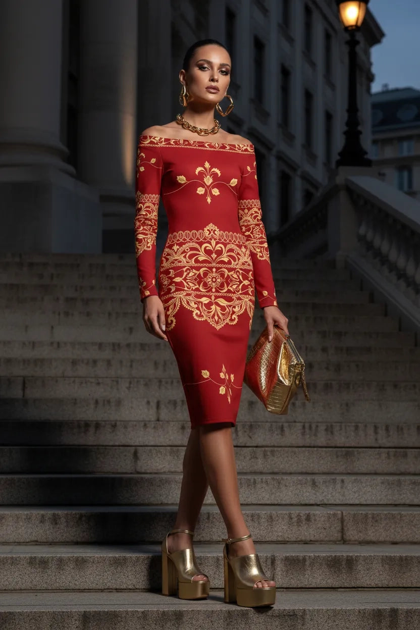 Evening power look with a baroque print midi dress designed for confident women.