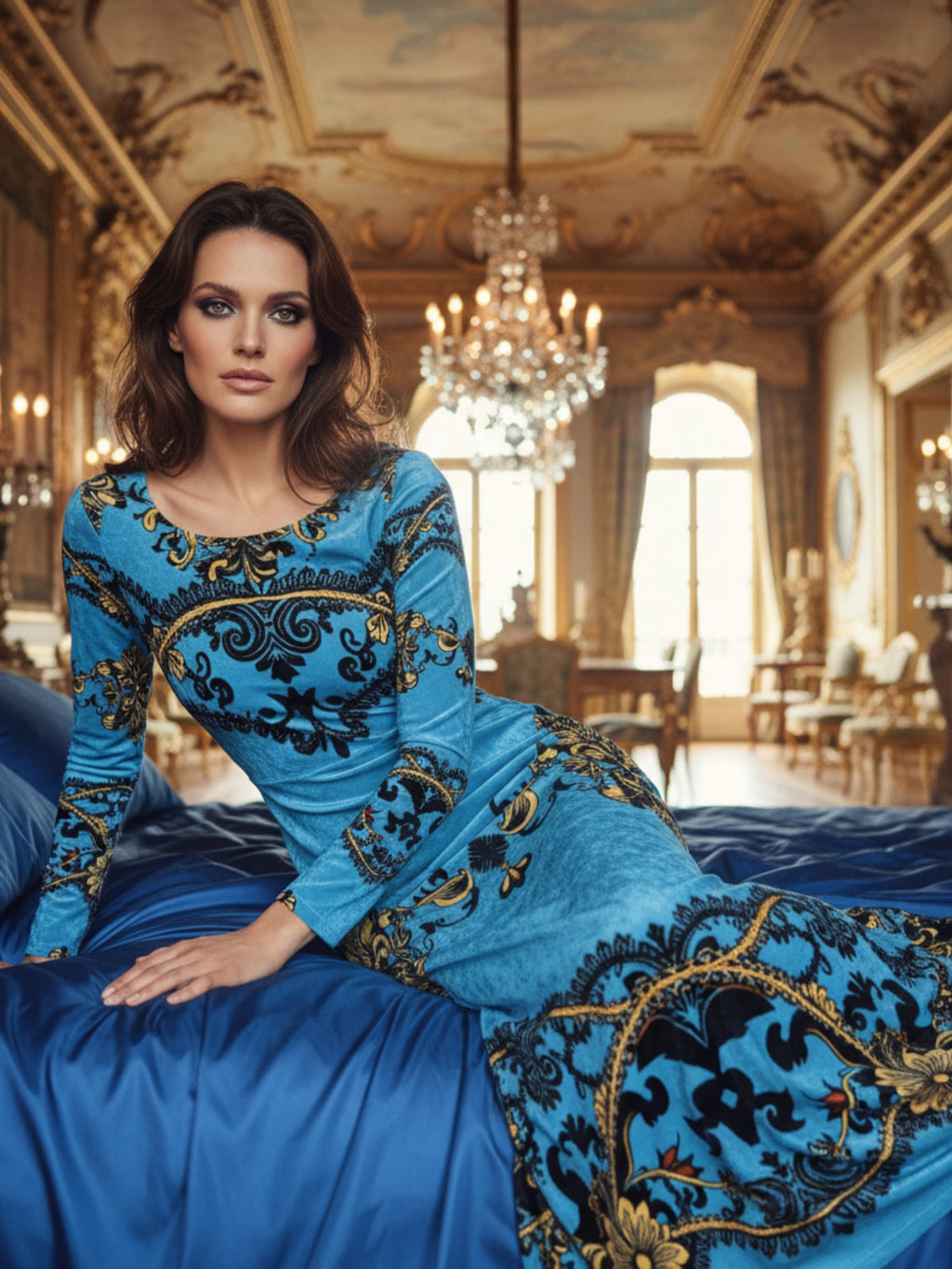 Woman wearing blue baroque print velvet maxi dress reclining on a royal blue bed in an elegant room