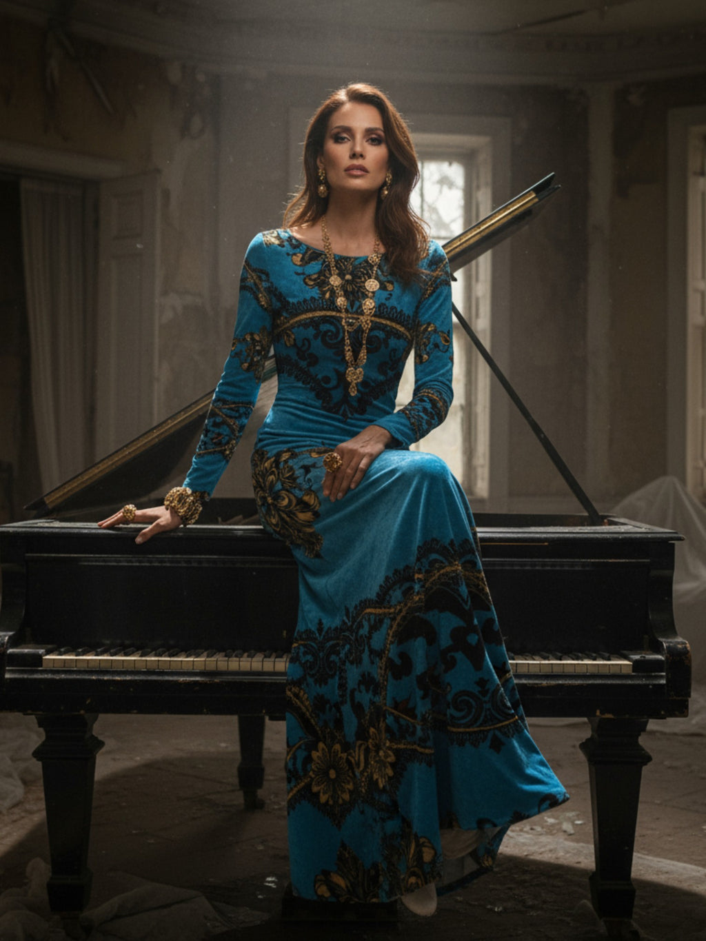 Elegant baroque print velvet maxi dress in blue worn by woman sitting on grand piano from Angelic Blessings Shop