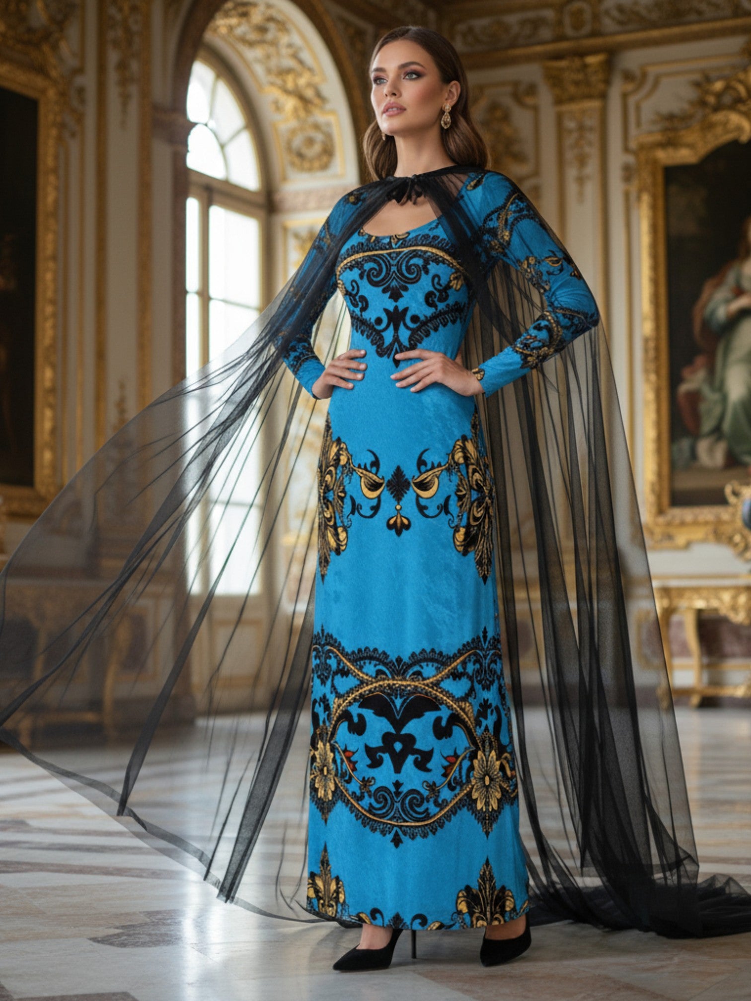 Blue baroque print velvet maxi dress with long sleeves and black sheer cape from Angelic Blessings Shop