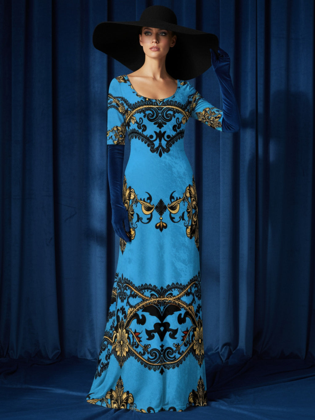 Angelic Blessings Shop baroque print velvet maxi dress in blue with gold details and long sleeves