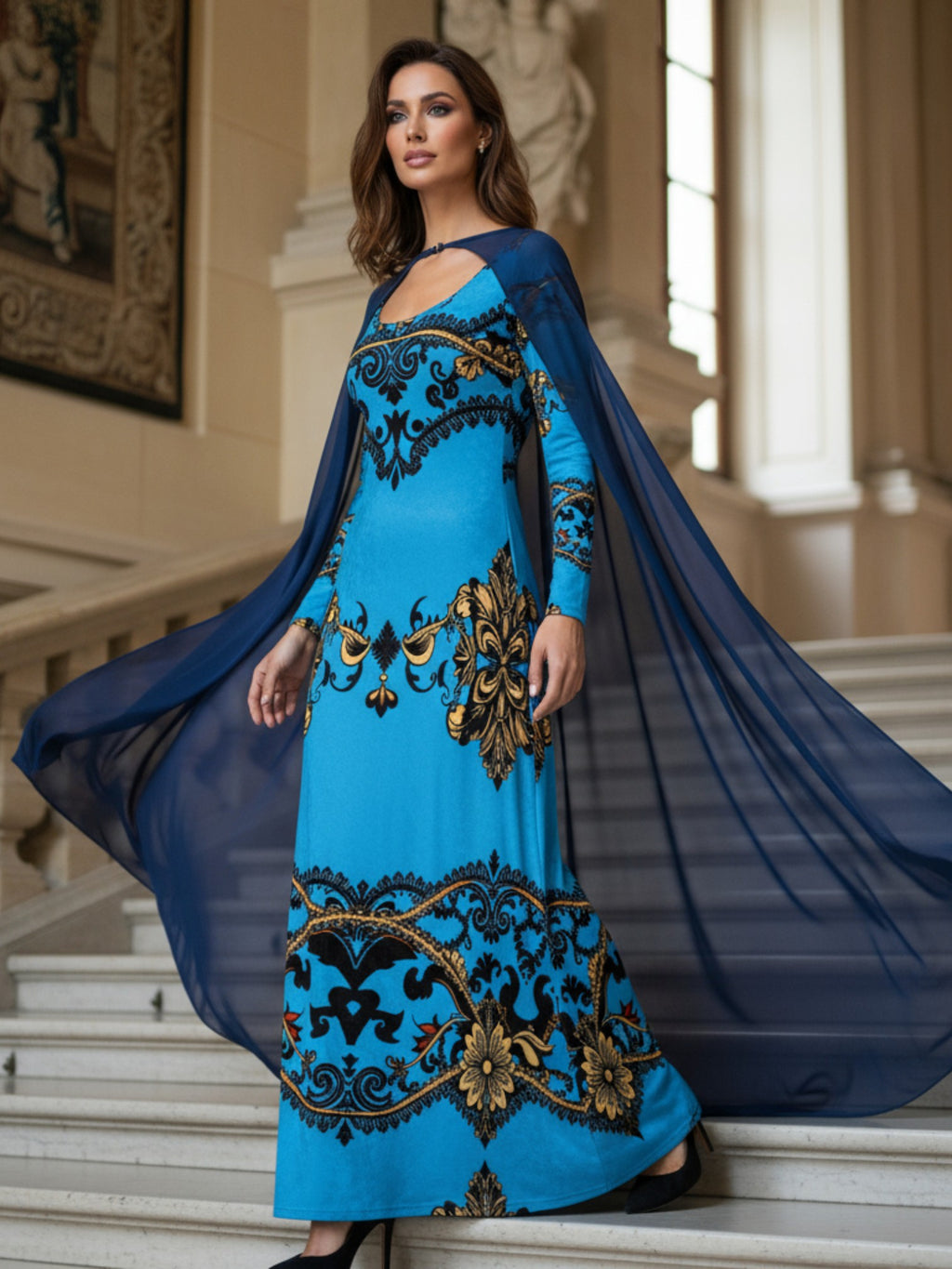 Angelic Blessings Shop baroque print velvet maxi dress in blue with gold floral patterns and sheer navy cape