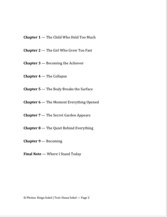 Becoming book table of contents showing 9 chapters of personal transformation and growth journey