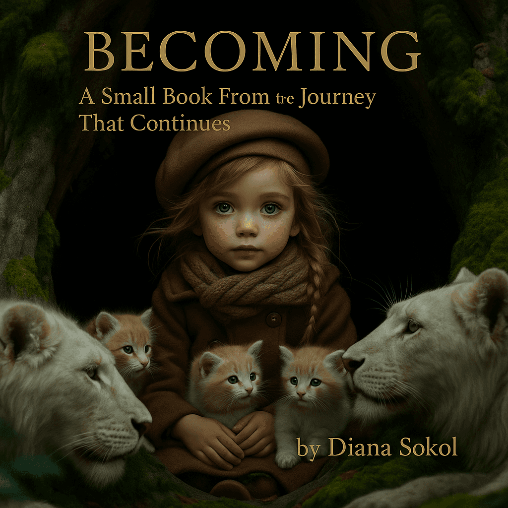 Becoming personal growth journey book by Diana Sokol featuring a girl with lion cubs in a mysterious forest