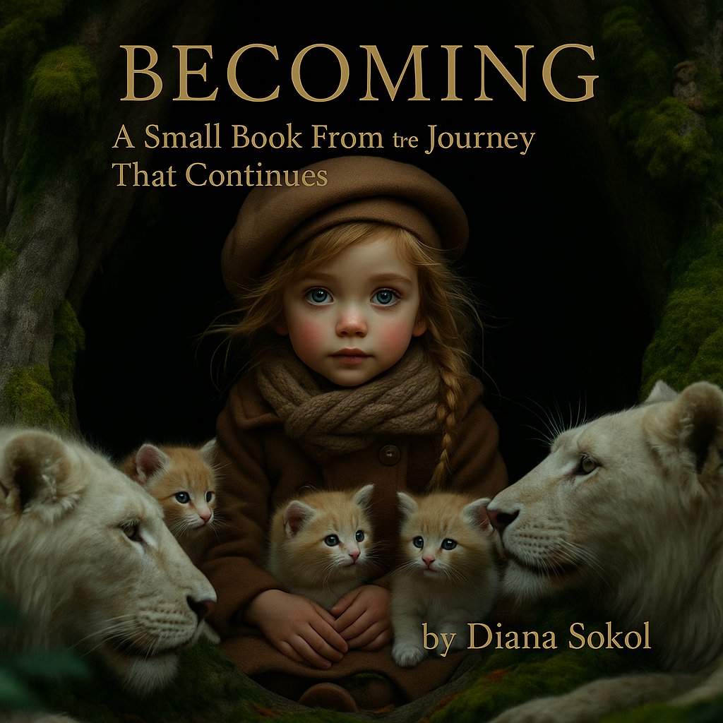 Becoming personal growth journey book by Diana Sokol featuring a girl with lion cubs in a mysterious forest